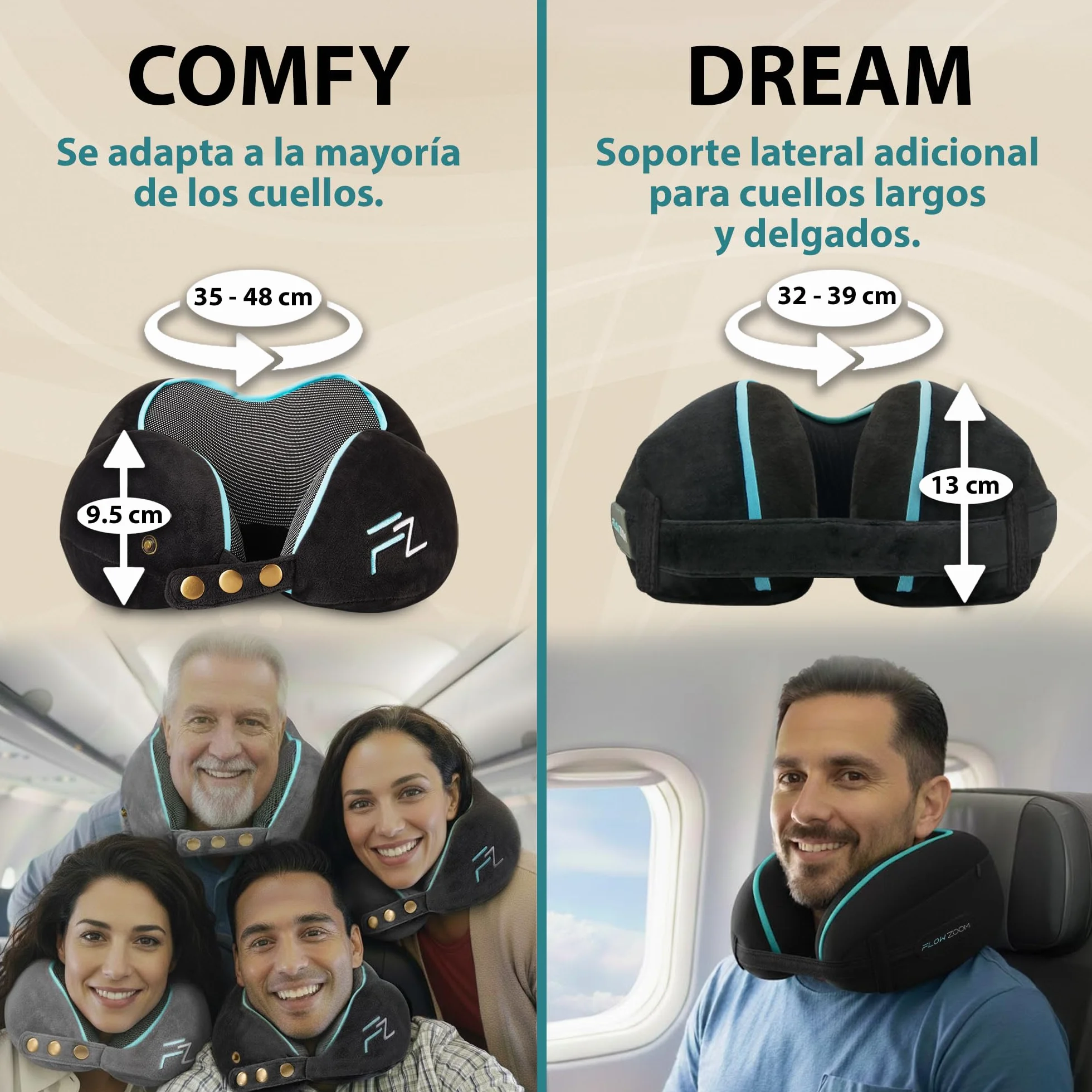 FLOWZOOM Almohada de Viaje Viscoelástica Soporte Ajustable 360° Funda Lavable Cojín de Cuello Negro