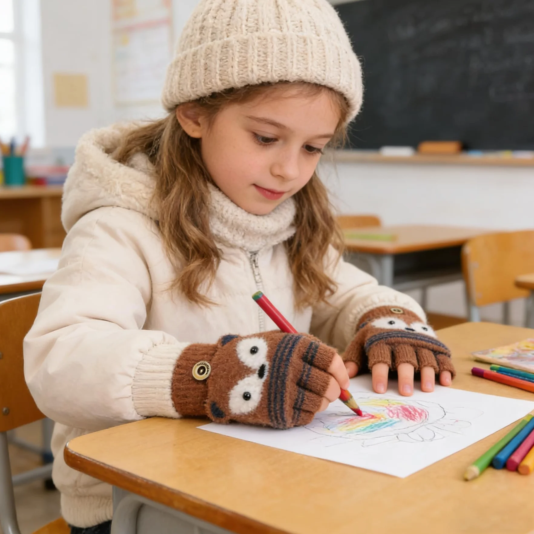 Guantes de invierno sin dedos para niños y niñas, guantes convertibles de zorro de dibujos animados, elásticos, medio dedo, 3-10 años