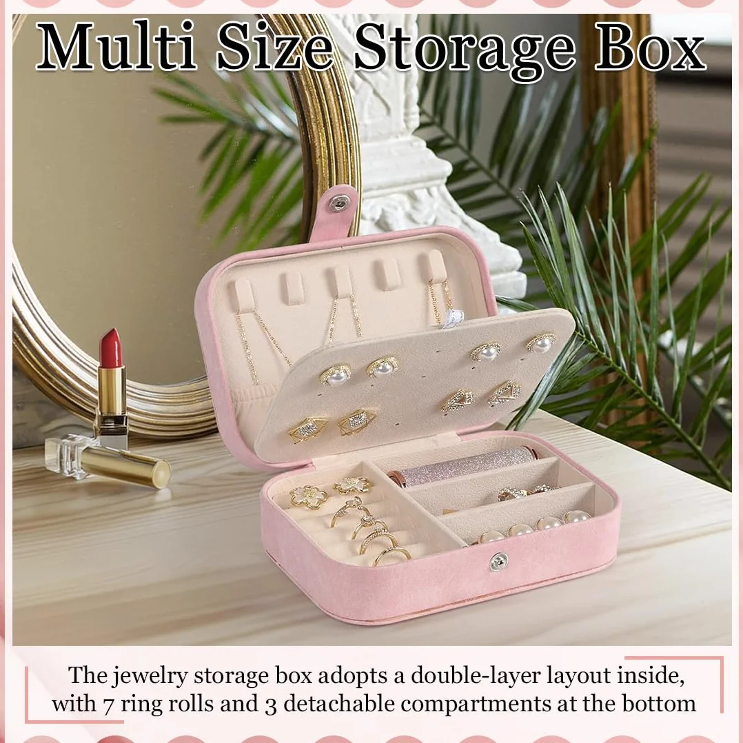 Joyero Pequeño Portátil para Mujer, Caja de Joyas para Anillos, Pendientes, Collares, Pulseras - Rosa