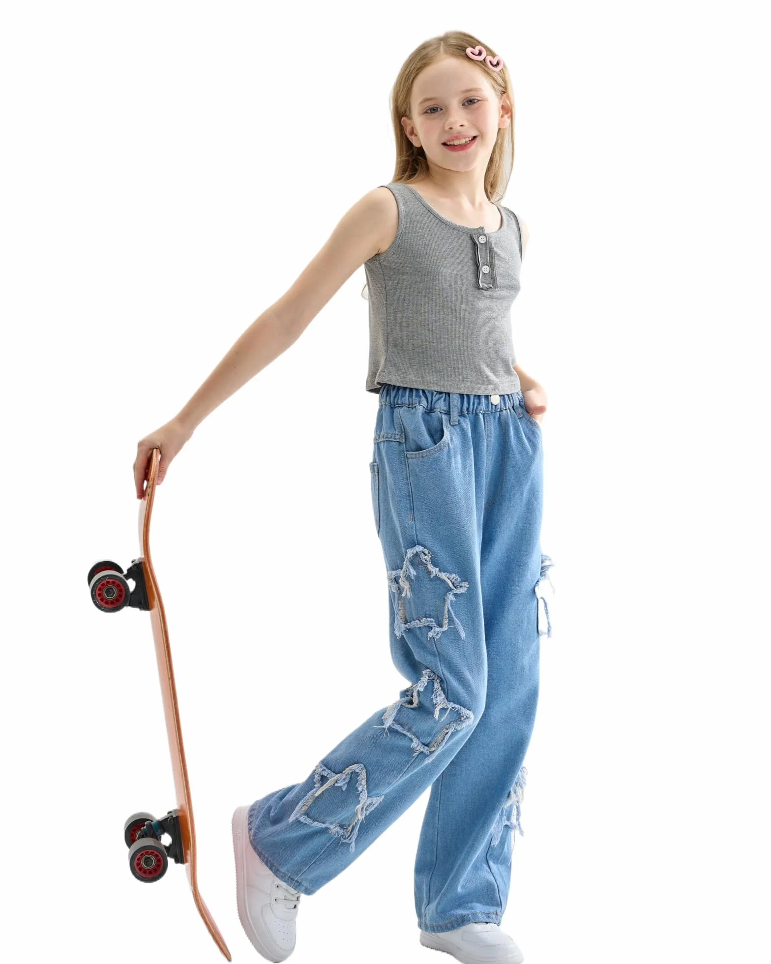 Vaqueros Niñas Loose Denim Pantalones Cintura Elástica Moda Rotos Azul