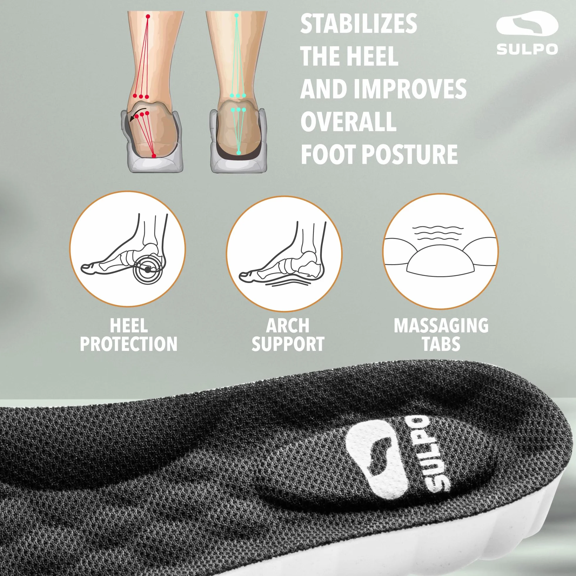 SULPO Plantillas elevadoras de espuma viscoelástica 3 alturas amortiguadoras antideslizantes negras talla 41-42 EU altura 2 cm