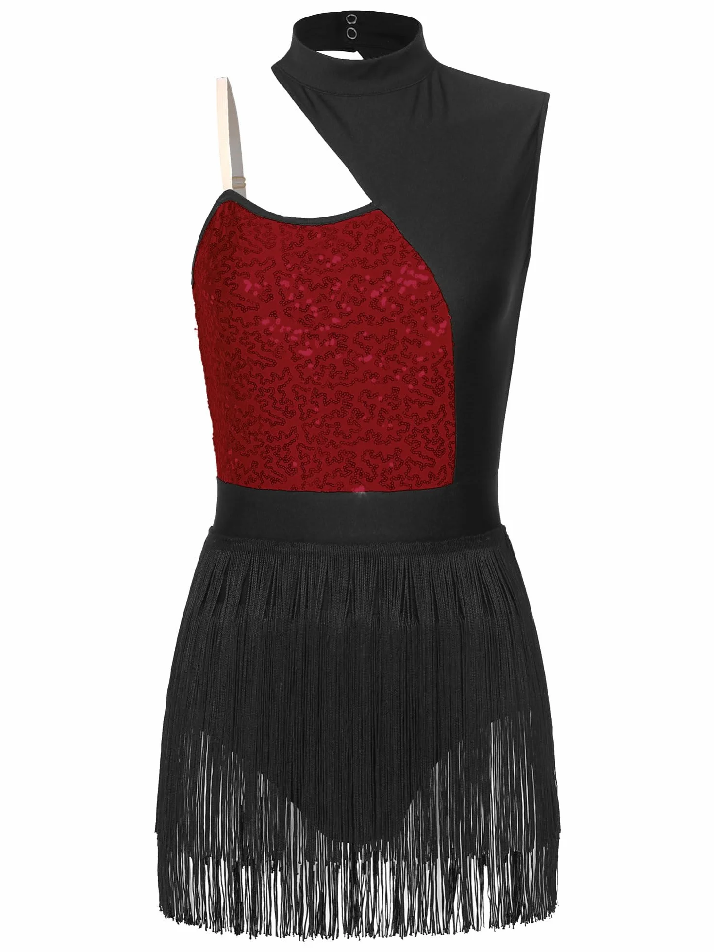IEFIEL Vestido de Danza Lentejuelas con Flecos sin Manga para Mujer Maillot de Baile Latino Tango S-XXL