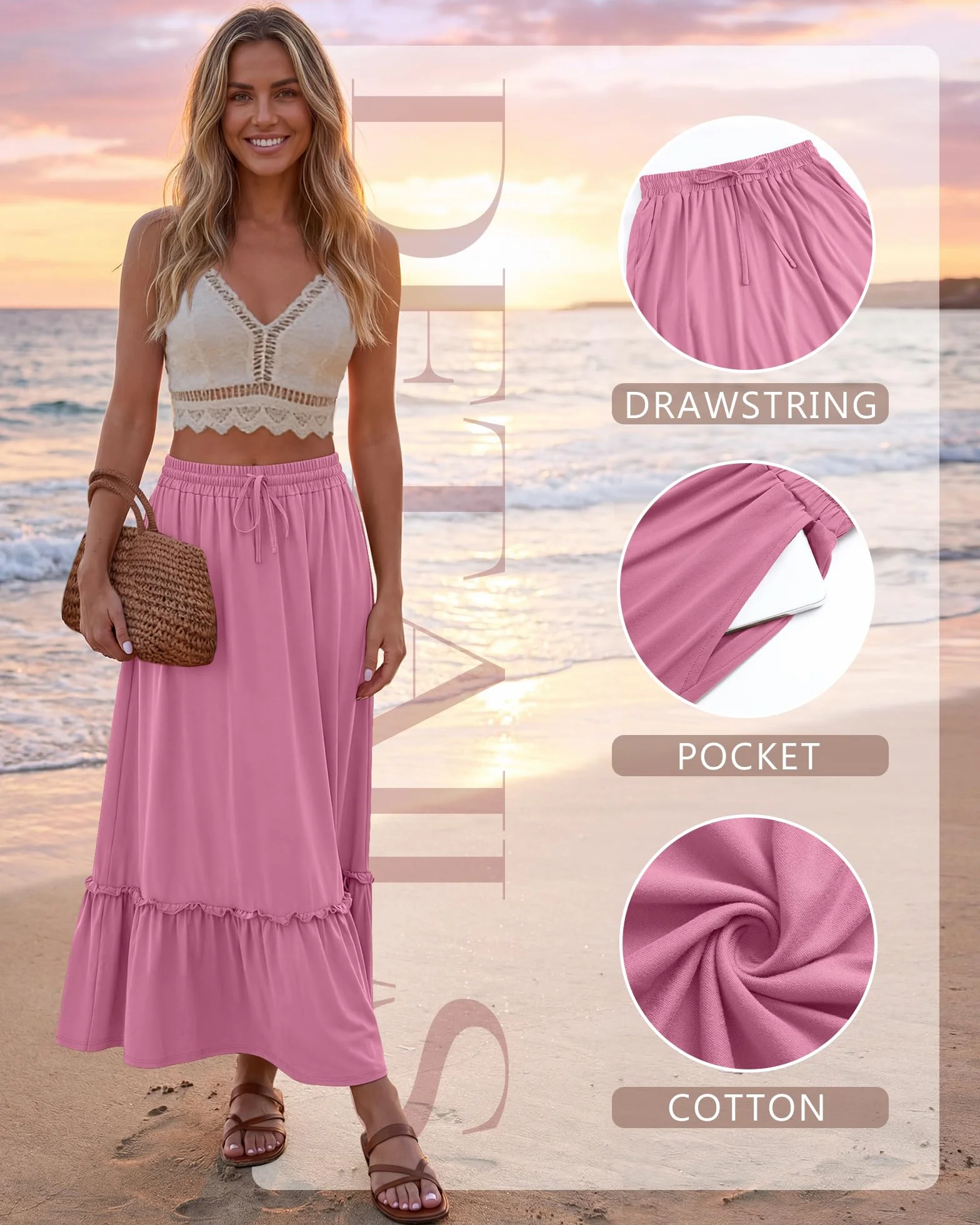 Pack de 3 Faldas Maxi Boho para Mujer, Falda Larga de Capas con Volantes, Cintura Alta