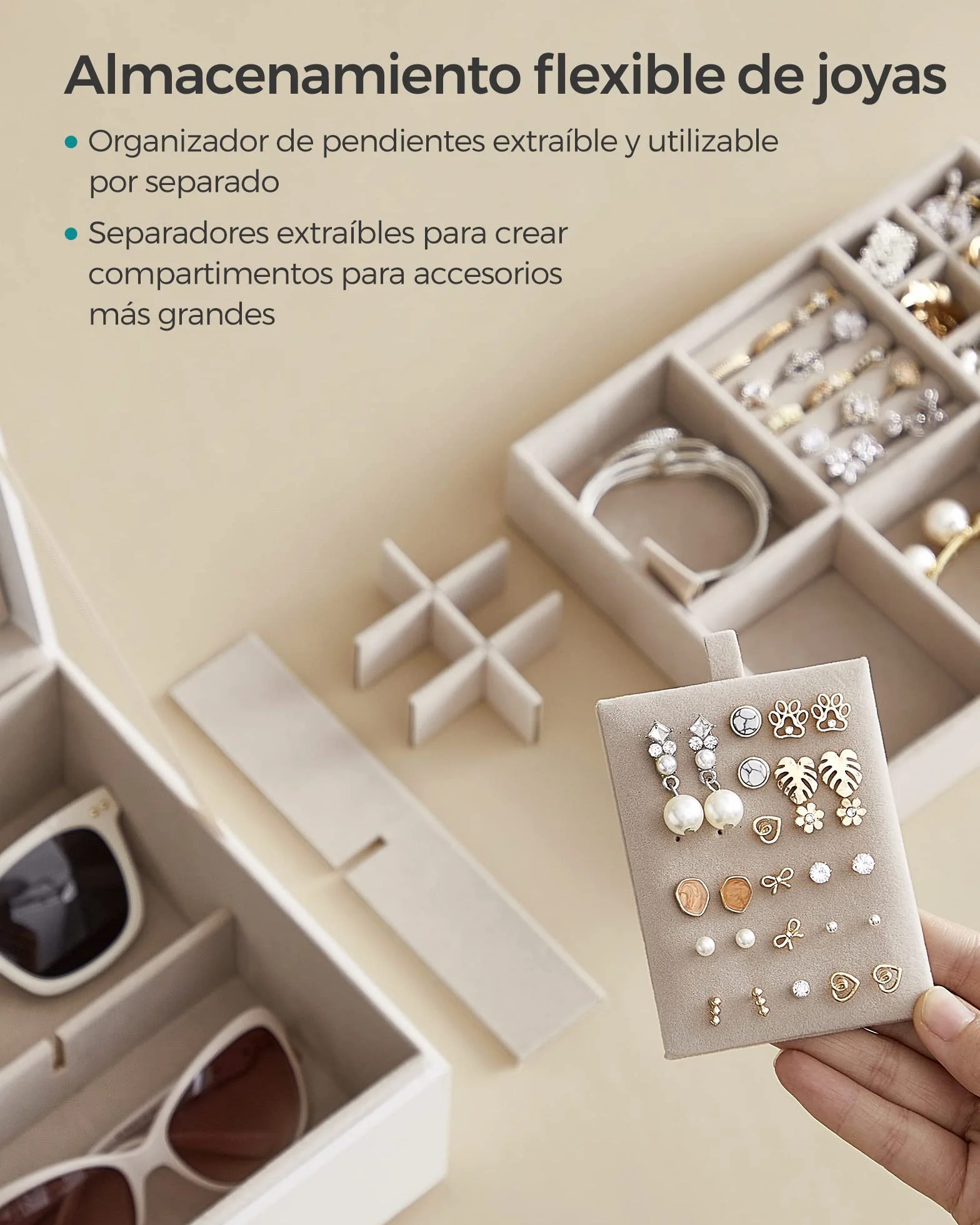 SONGMICS Joyero 2 Capas, Bandeja Flexible para Joyas, Efecto Flotante, 20,5 x 24 x 11 cm, Blanco