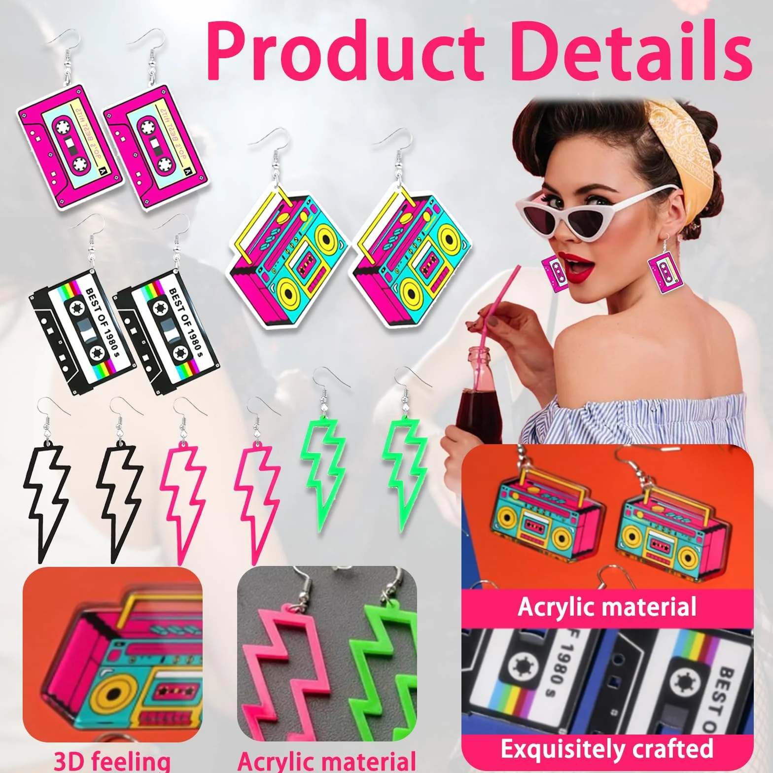 Pendientes de Neón Años 80 Retro Cintas de Casete 6 Pares Mujer