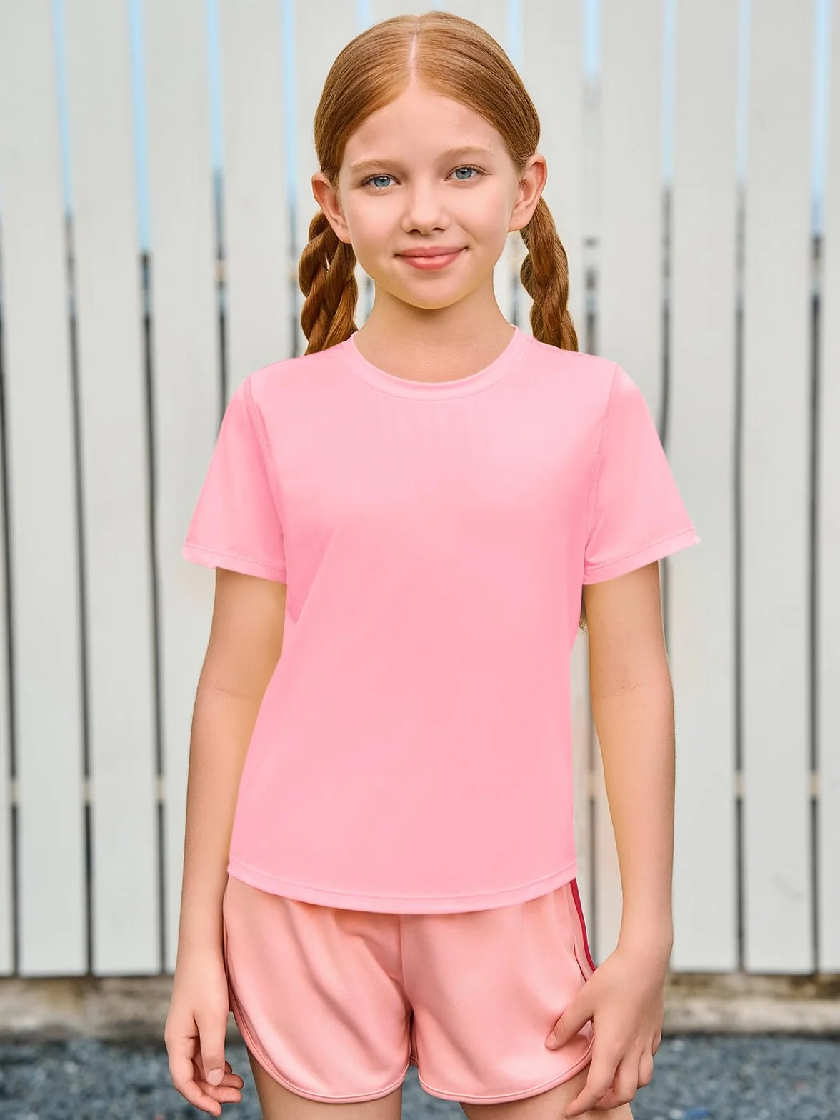 Camisetas atléticas manga corta niñas ajuste seco dobladillo curvado 5-14 años