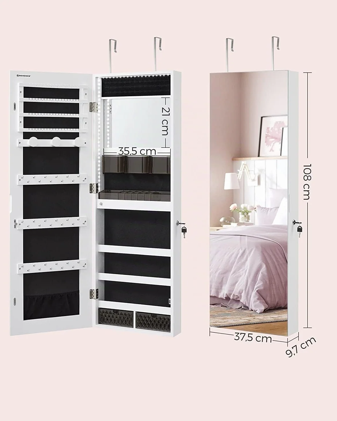 SONGMICS Armario Joyero Montado en la Pared con Luces LED y Espejo Integrado Blanco