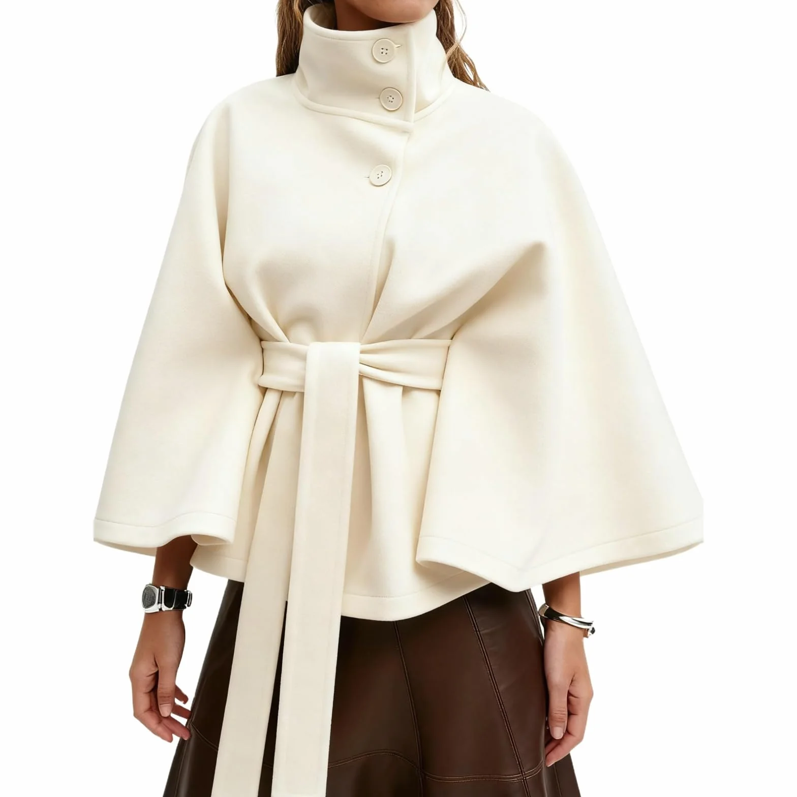 Poncho de manga murciélago para mujer abrigo corto invierno cuello alto cinturón