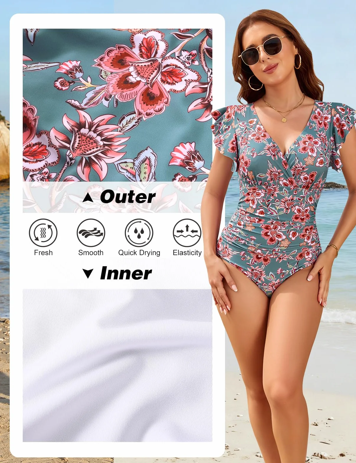 Yuson Bañadores Mujer de Una Pieza Reductores Cuello en V Fruncido Trajes de Baño Sexy Monokini Talla Grande
