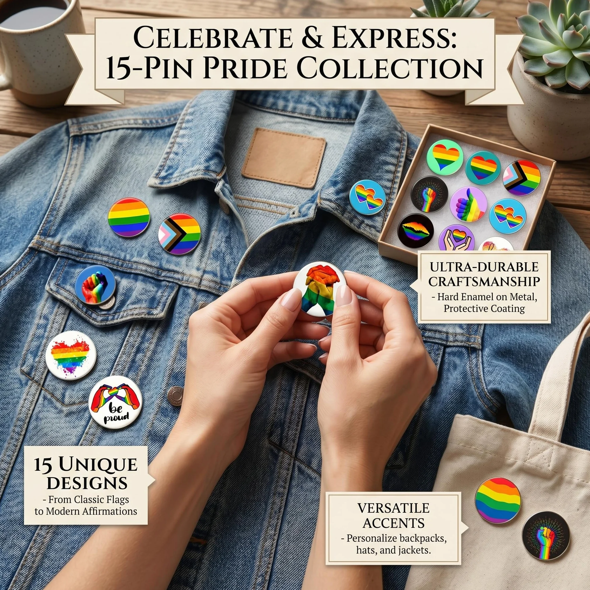 Insignias Orgullo Arcoíris 16 Piezas 44MM, Chapas LGBTQ con Puño Arcoíris, Pines Acero Inoxidable