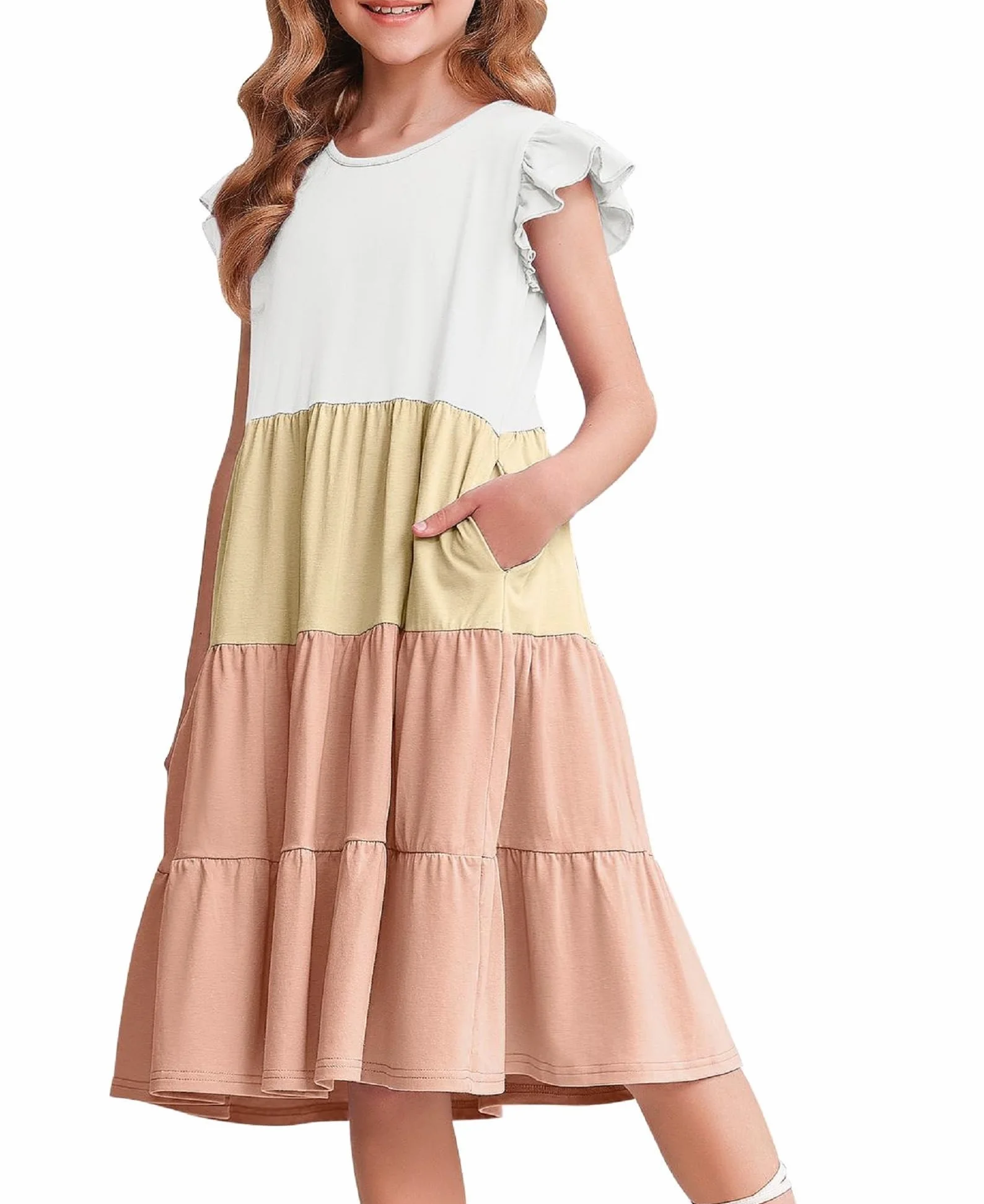 Vestido de Verano para Niñas Arshiner Algodón Mangas de Volantes Escote Redondo 4-14 Años