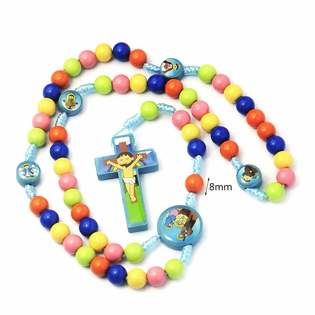 Kimu Collar de rosario con colgante de cruz de Jesús, joyería religiosa para niños y niñas, 8mm, Madera, Perla