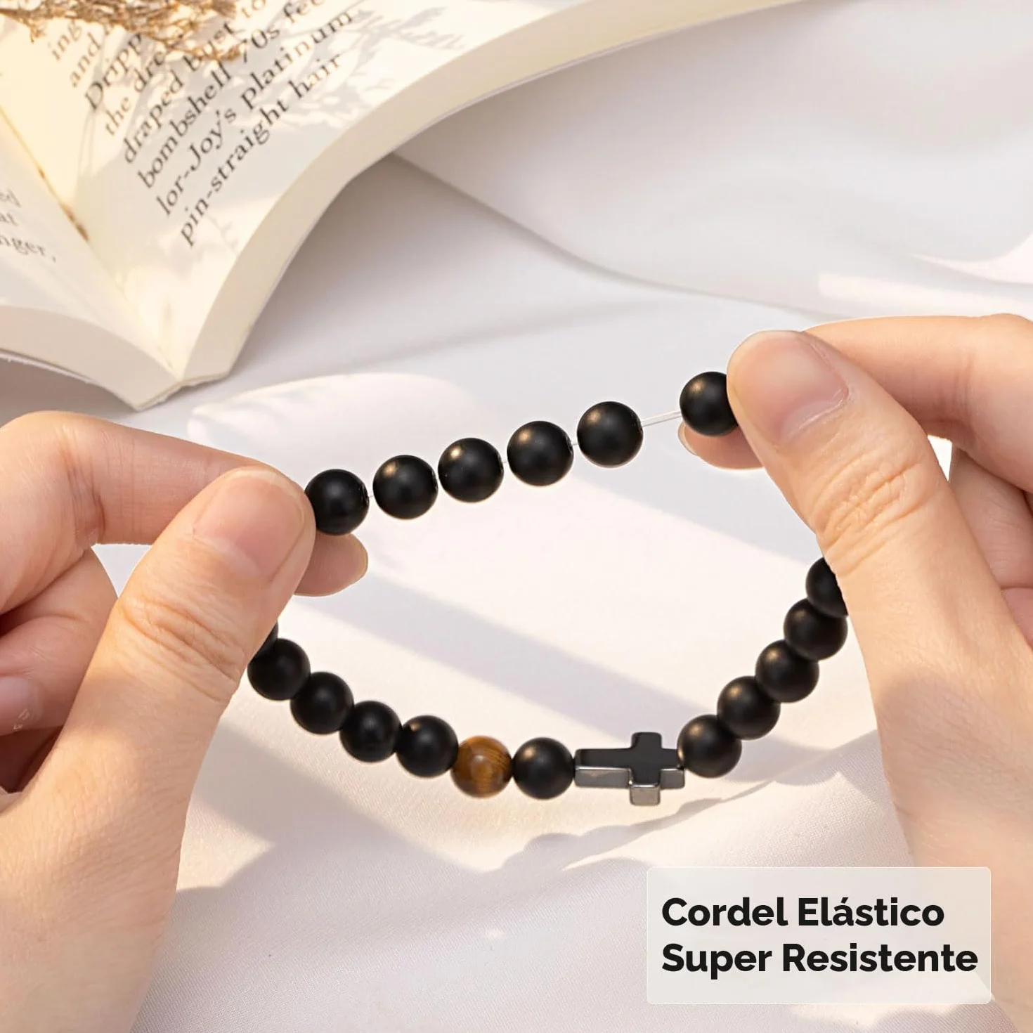 Pulsera Cruz Comunión Niño Piedras Naturales Ajustable Primera Comunión