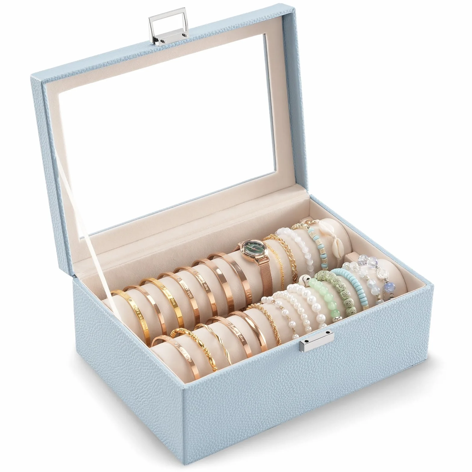 Lolalet Organizador de Joyería para Pulseras y Relojes con Barra, Caja de Almacenaje Transparente - Azul