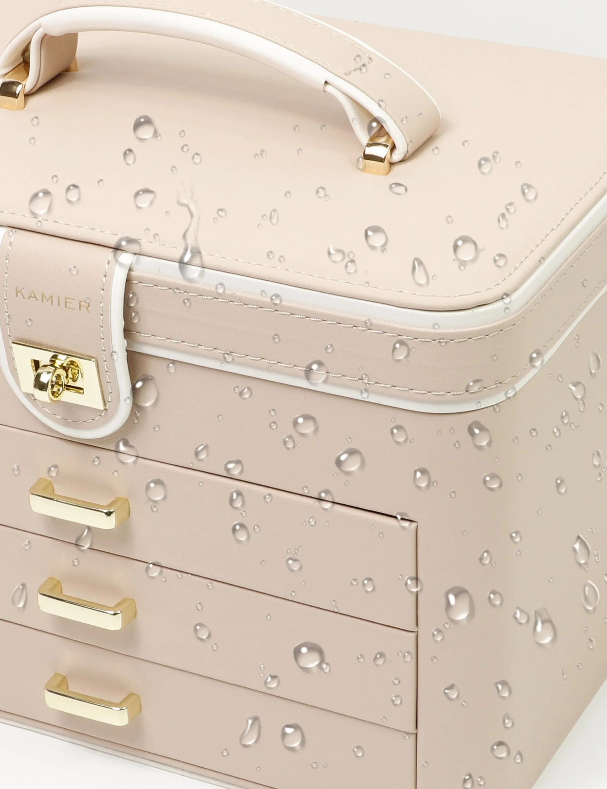 KAMIER Joyero Grande de 4 Niveles, Caja de Joyas con Espejo, Cajones y Cerradura, Piel Sintética, Beige