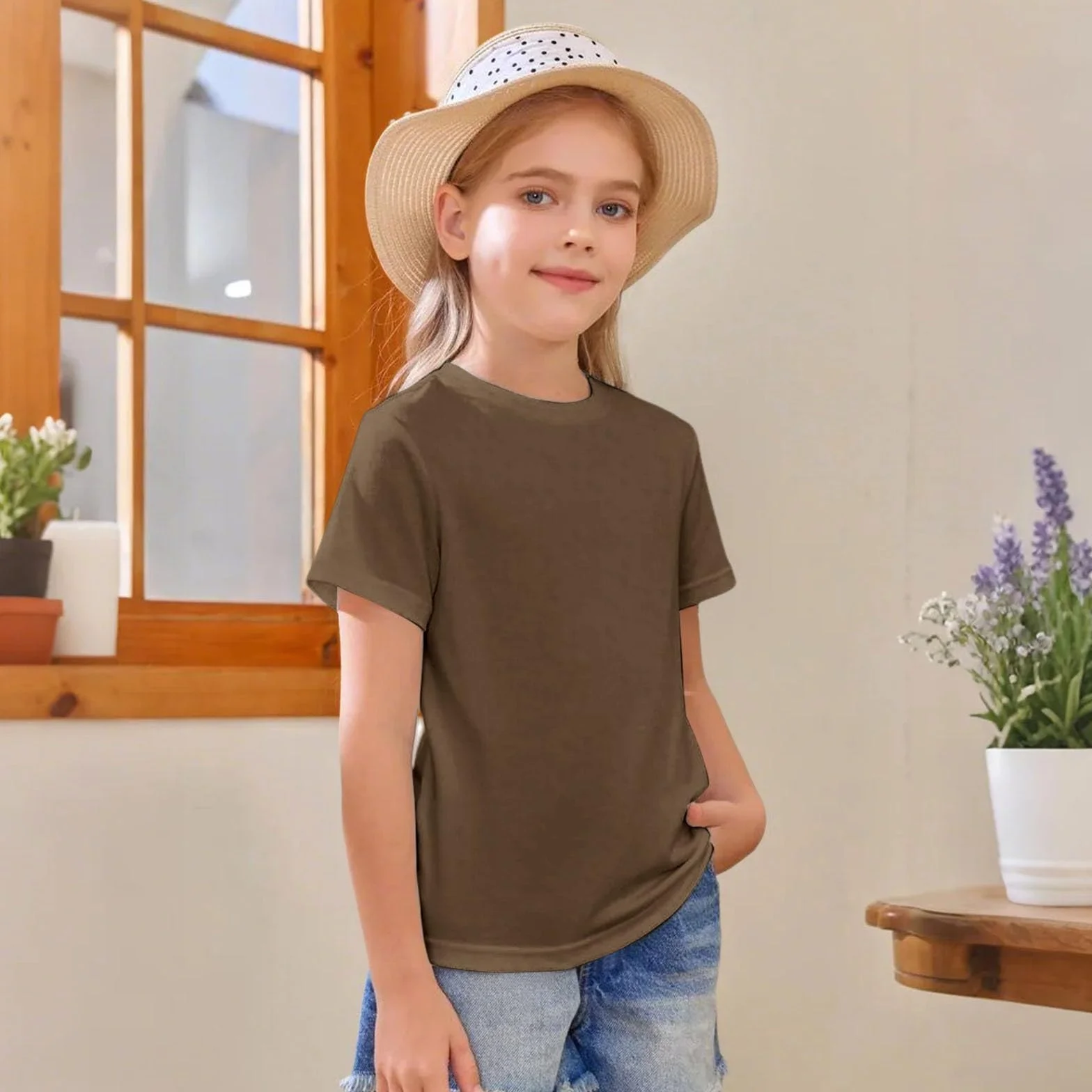 Camiseta de algodón manga corta cuello redondo para niñas básica ligera