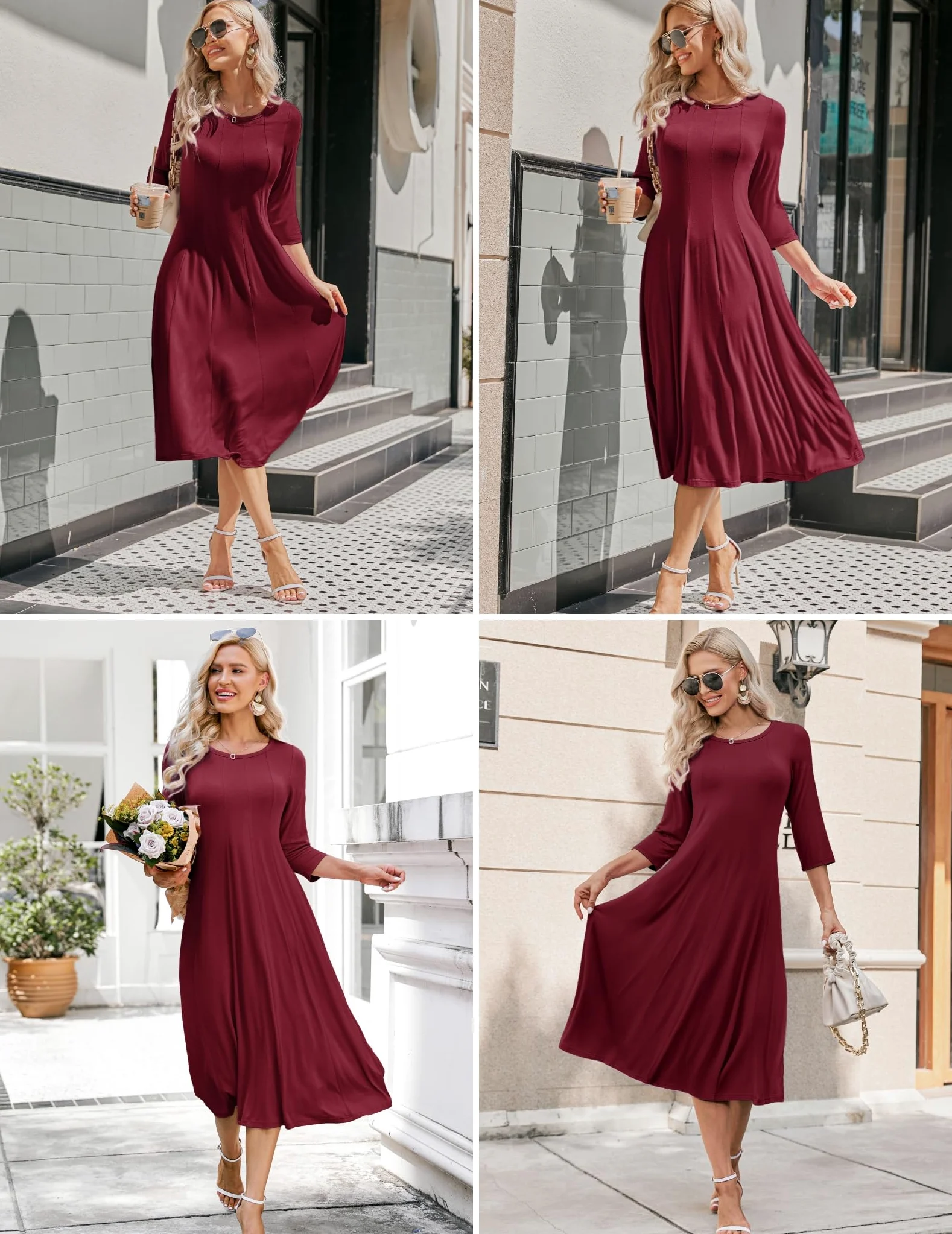 Hotouch Vestidos de verano para mujer, elegante, túnica, cuello redondo, manga 3/4, vestido de línea A, clásico, vestido midi con bolsillos, S-XXL