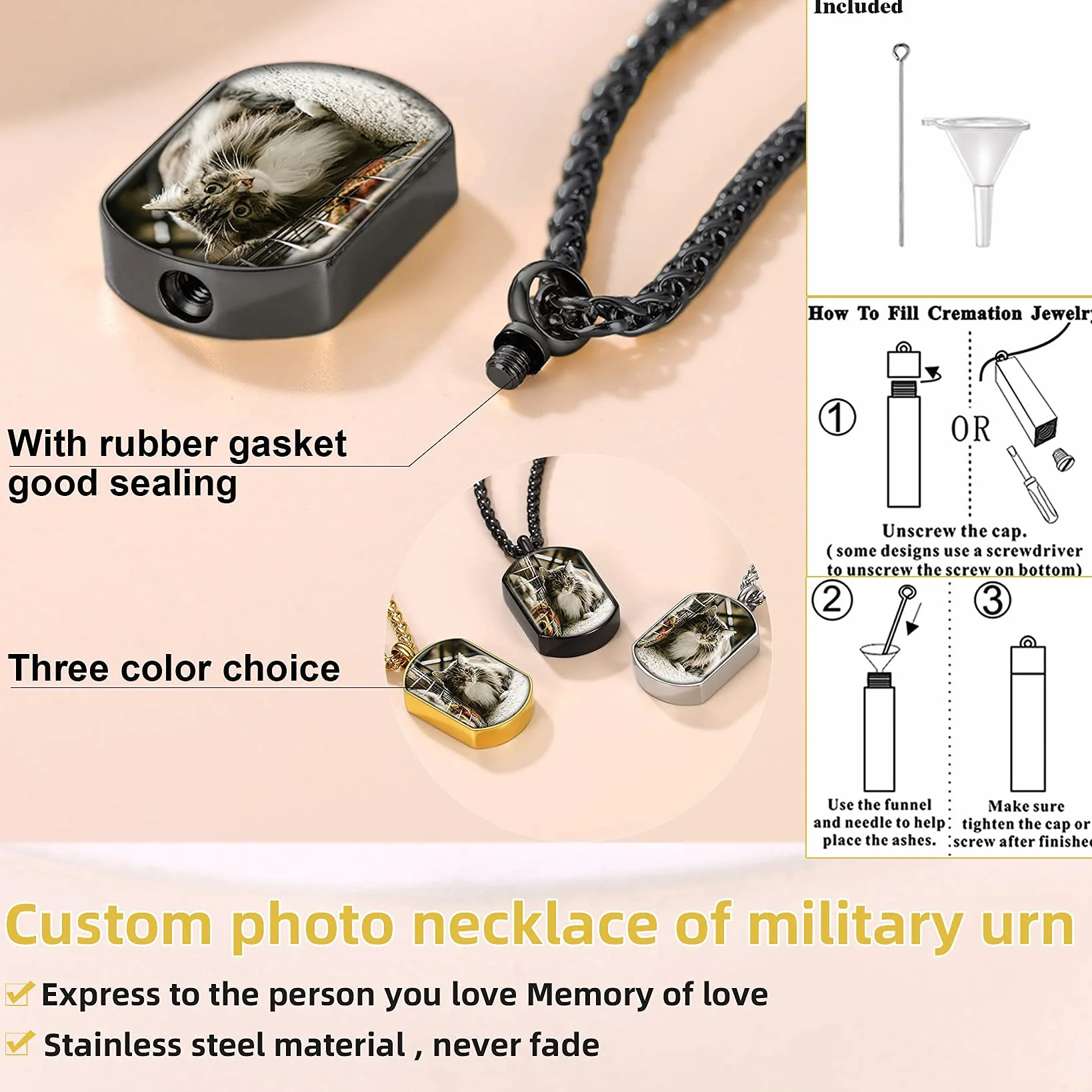 GoldChic JEWELRY Porta Cenizas Chapa Militar con Foto Nombre Colgante para Cenizas Resistente al Agua, Negro