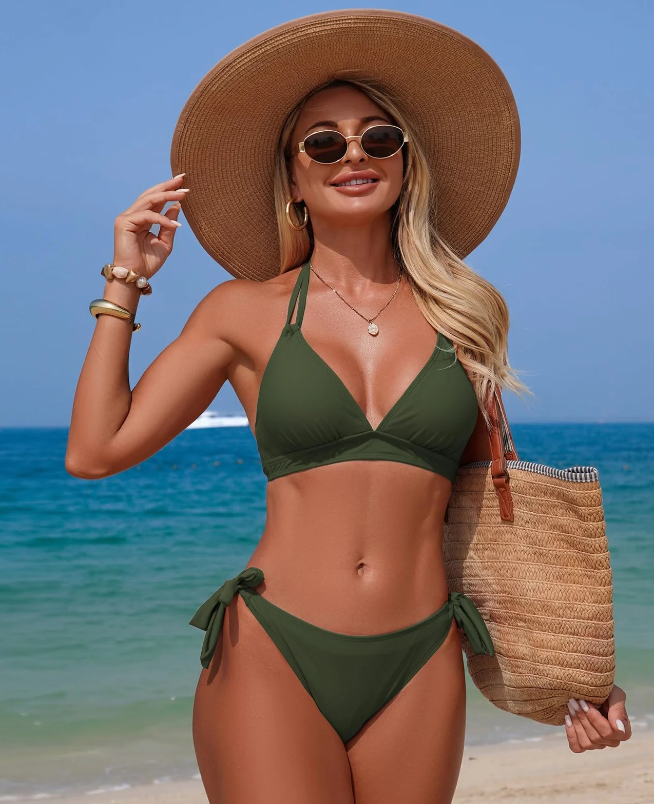 Genfien Mujer Bikini Traje de Baño 2 Piezas Cuello en V Push Up con Triángulo Halter