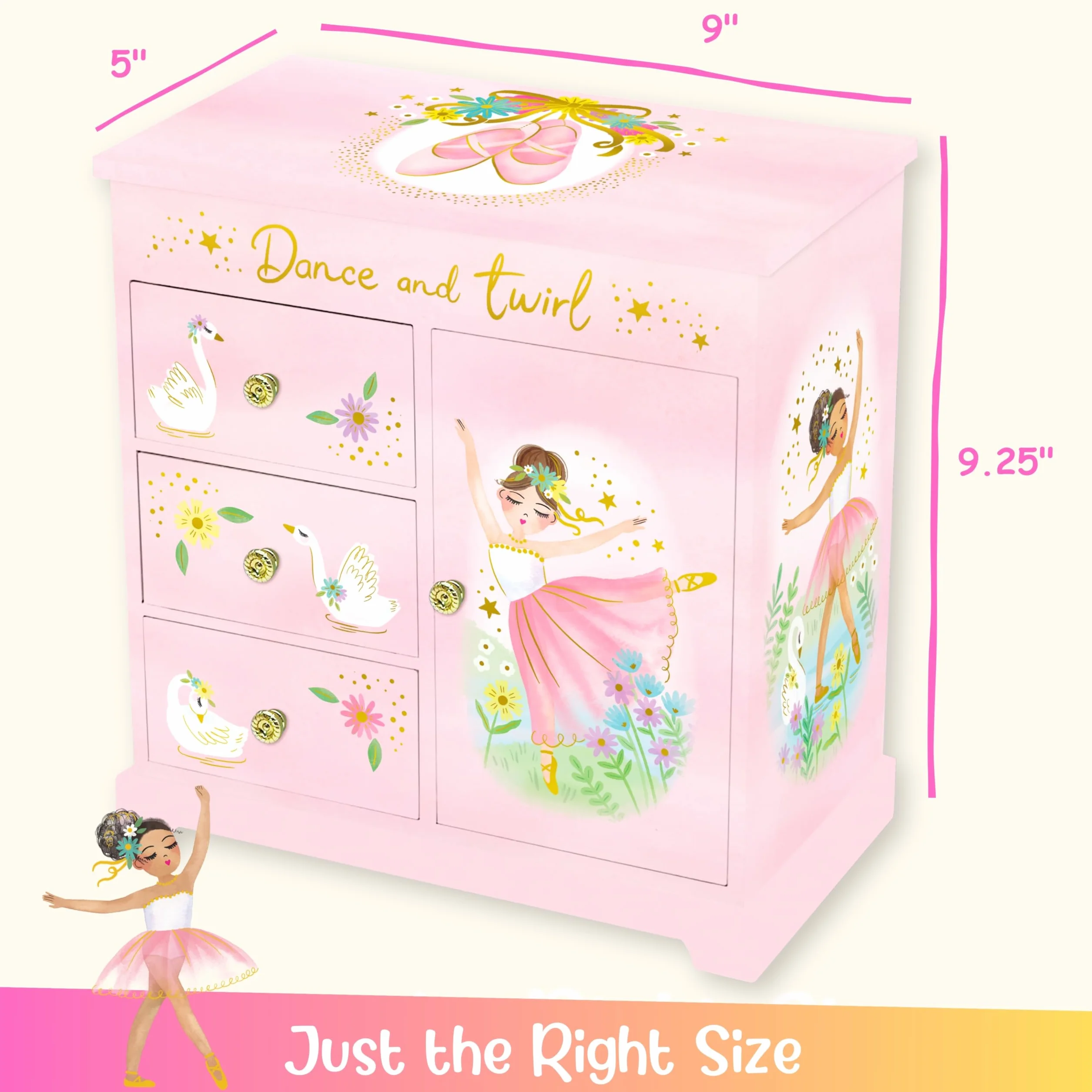 Giggle & Honey Caja de Música Grande con Bailarina y Tres Cajones para Niñas - Joyero Musical con Espejo, Regalo Cumpleaños 3-10