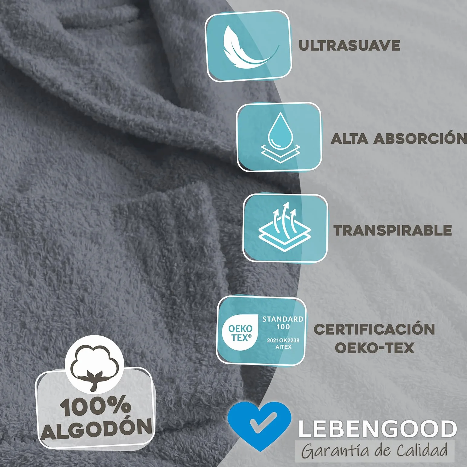 LEBENGOOD Albornoz Hombre 100% Algodón OEKO-TEX, Toalla Rizo Americano 450 gsm, Bata Baño, Tallas S M L XL XXL 3XL