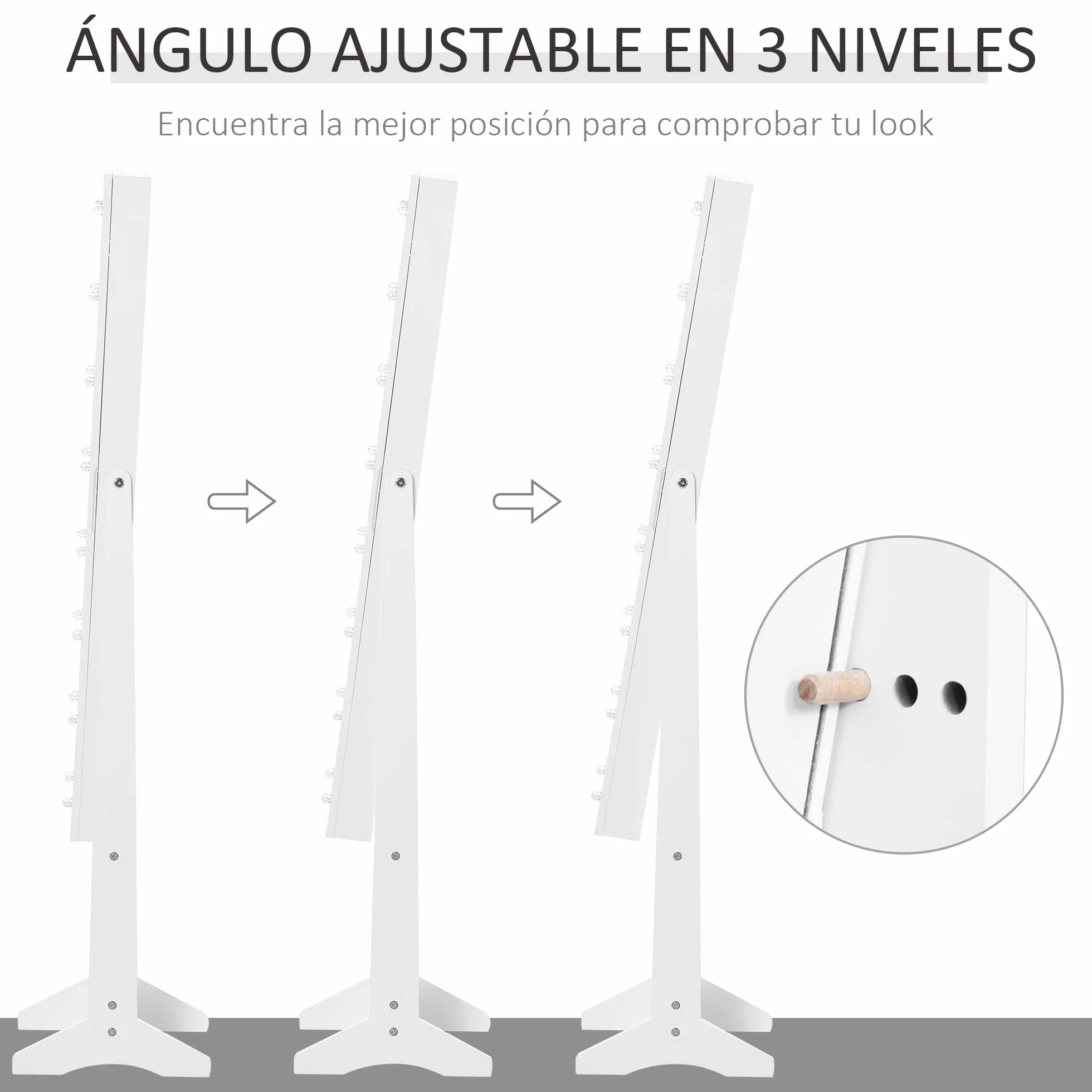 HOMCOM Espejo Joyero con Luces LED, Armario para Joyas, de Pie, Espejo Entero, Ángulo Ajustable, Blanco Cálido