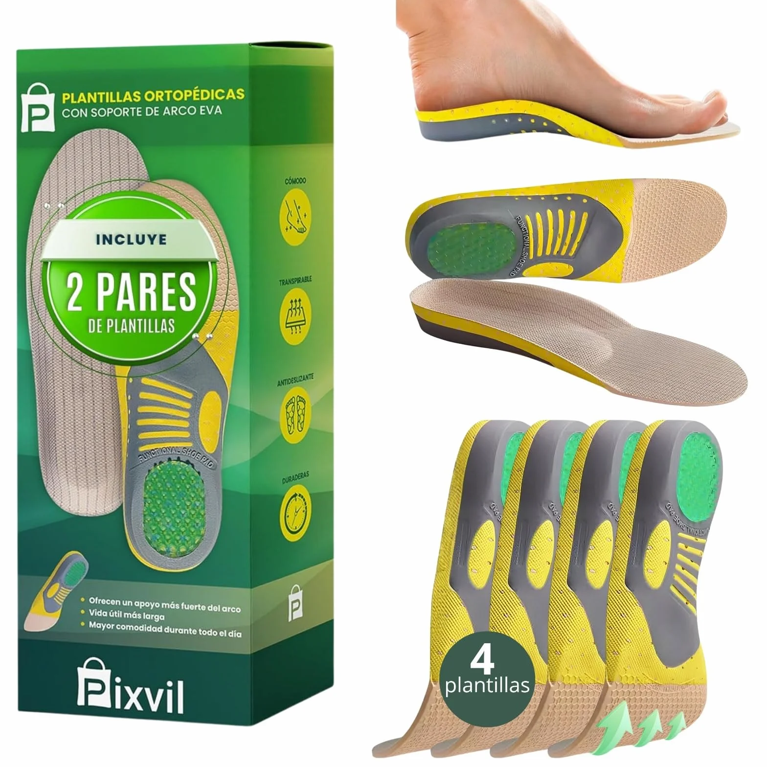 Plantillas Fascitis Plantar 2 Pares Gel Arco EVA para Trabajo y Padel Hombre Mujer Alivio Pies Planos Metatarsalgia Espolón Botas Seguridad Running
