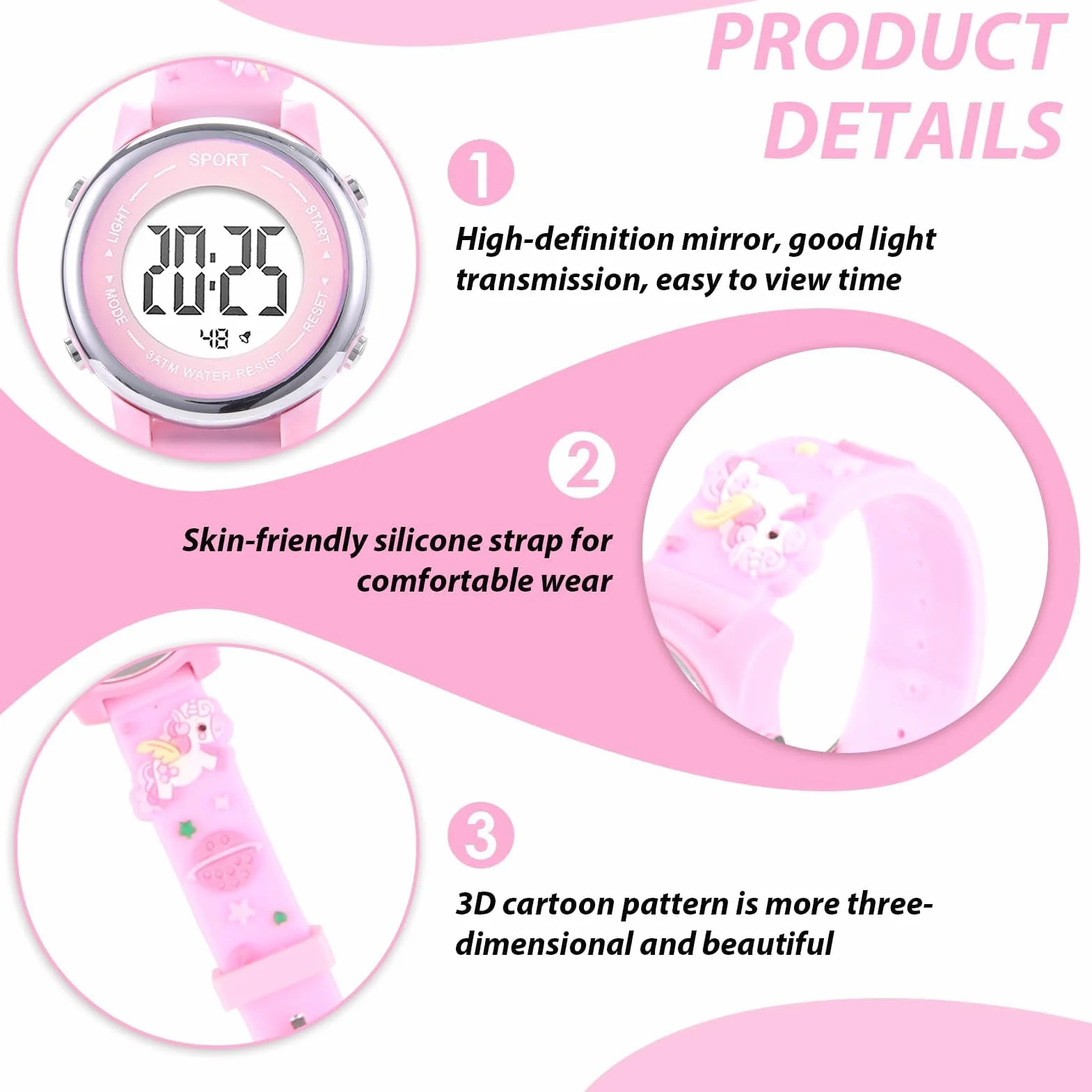 Reloj Infantil Digital Educativo de Silicona con Dibujos Animados 3D, Luz LED 7 Colores, Multifunción Regalo para Niñas 3-12 Años