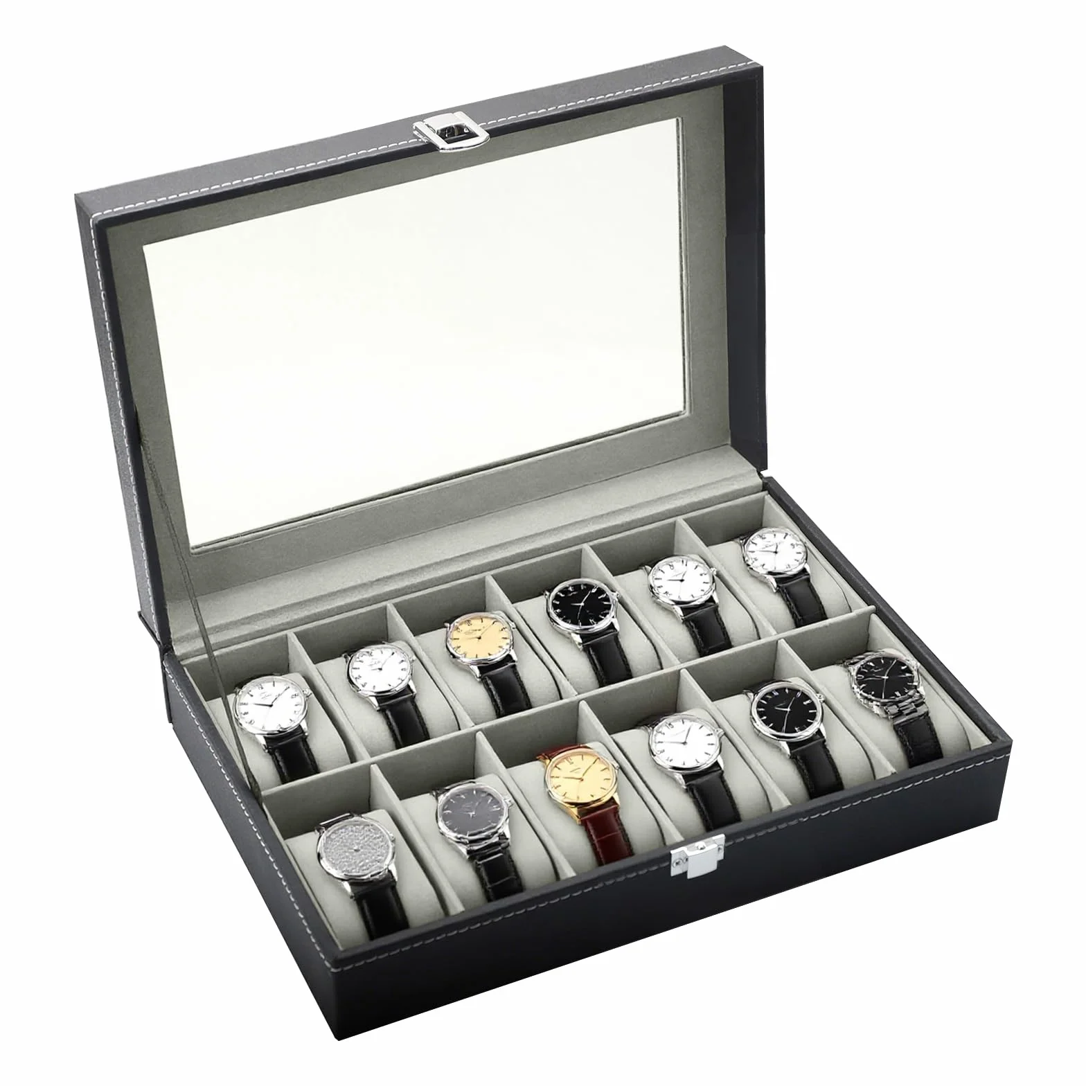 Caja de Relojes 12 Compartimentos, Estuche de Relojes de PU Cuero con Tapa de Acrílico y Cojines Extraíbles