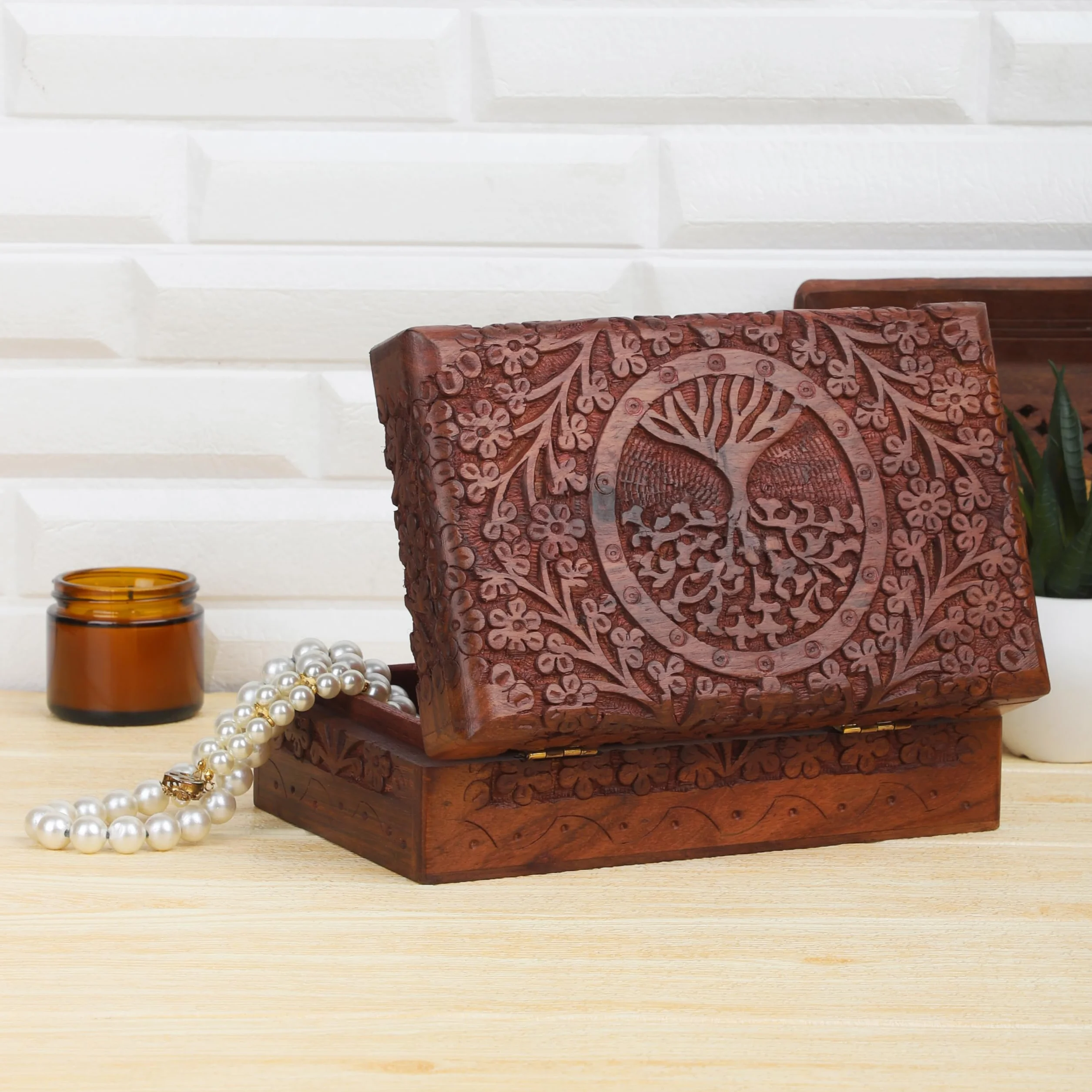 Cofre del Tesoro Decorativo de Madera Tallada a mano con Patrón de árbol de la Vida, Almacenamiento de Joyas, Caja de Reloj, 8 x 5 pulgadas