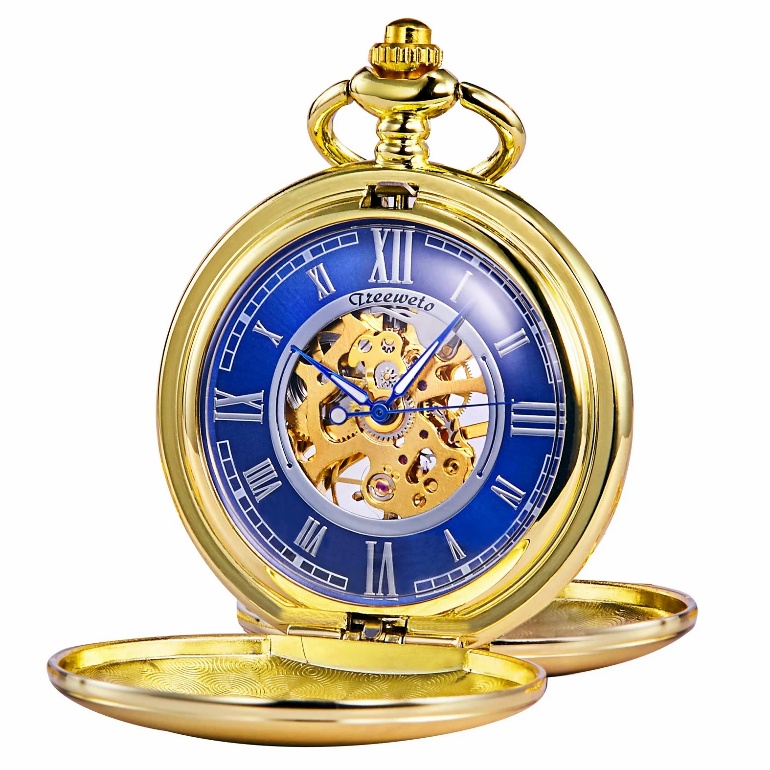 TREEWETO Reloj de bolsillo – Serie de doble caja suave esqueleto esfera azul movimiento mecánico con cadena, plata/dorado