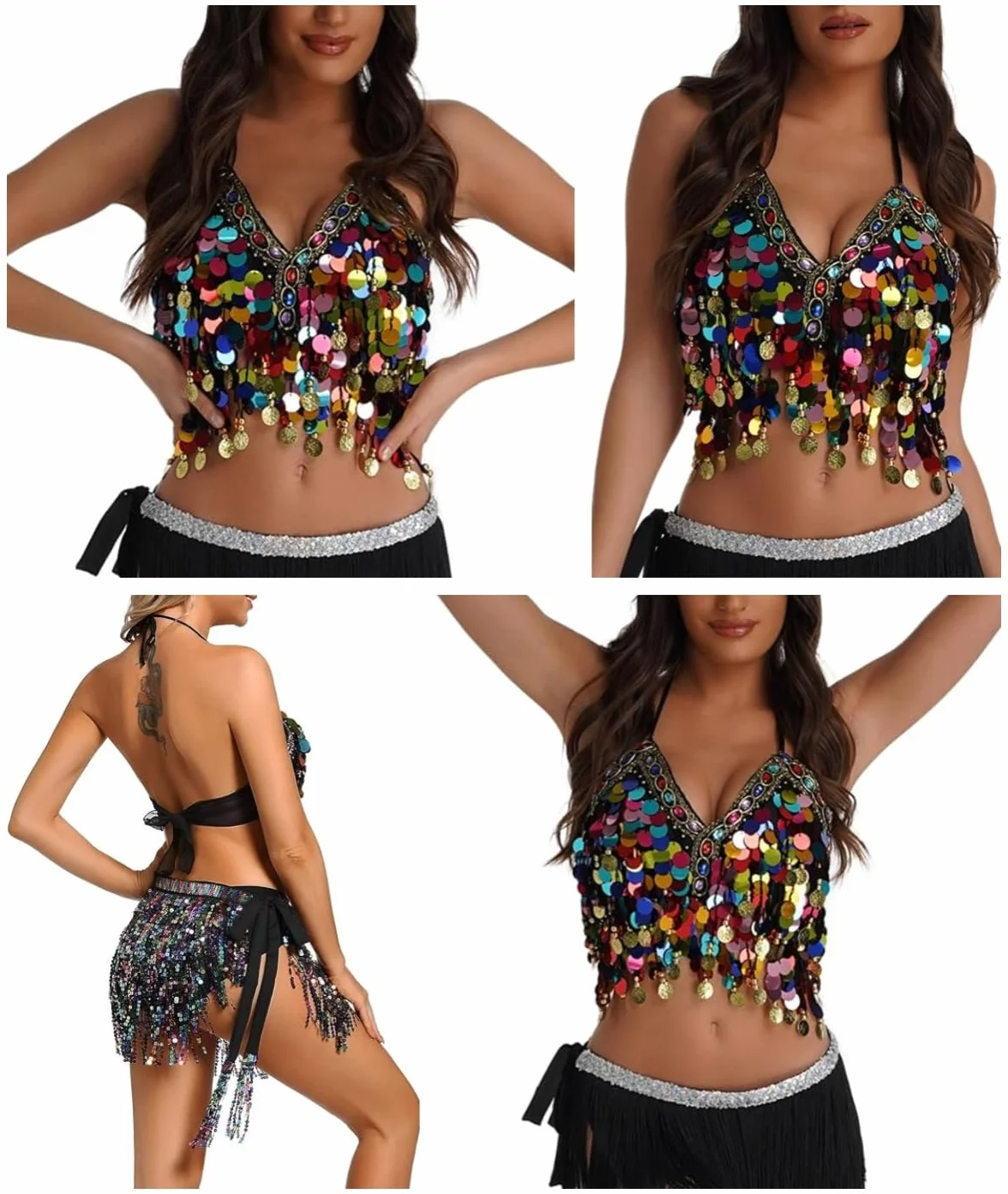 Sujetador con lentejuelas para danza del vientre, top corto brillante cuello halter flecos