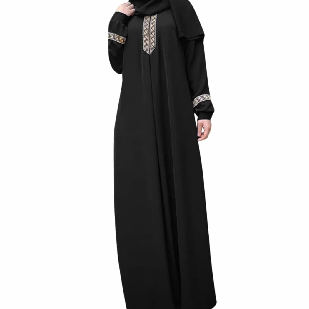 Vestido Musulmán Mujer Túnica Oración Lisa Ropa Islámica Estampada Ramadán Jilbab Negro M