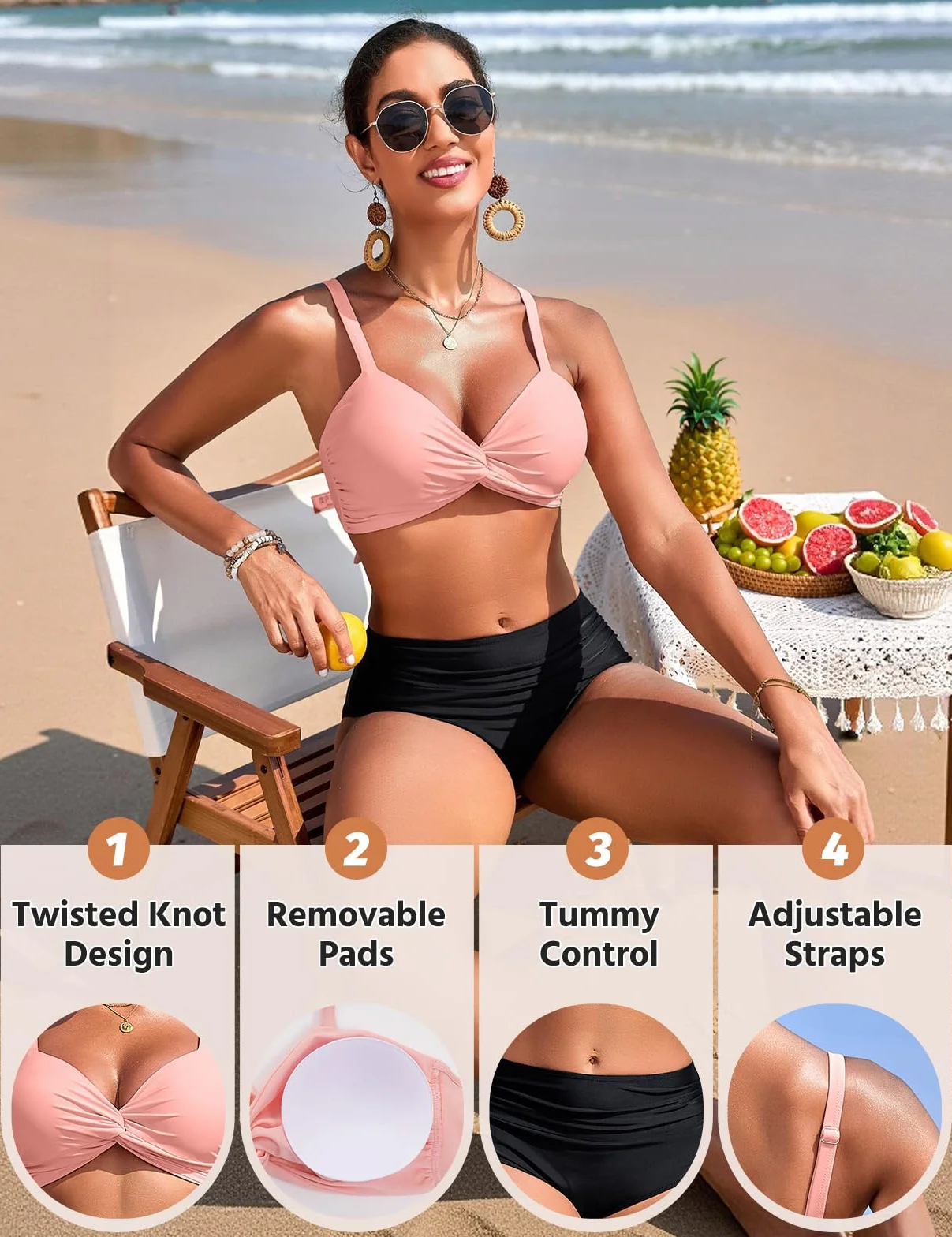 Nadeer Traje de Baño Sexy Push Up Cuello en V Dos Piezas Twist Front Bikini Control de Vientre Cintura Alta Ropa de Playa