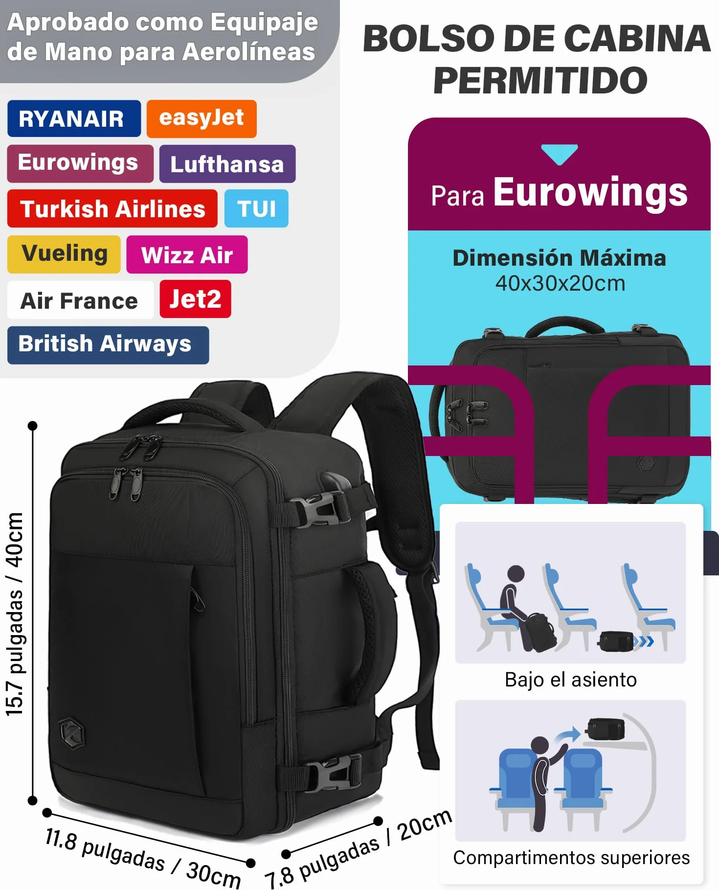 VANKEV Mochila Viaje Cabina Avion 40x30x20 24L Equipaje Mano Bolso Portatil 15.6 Pulgadas NEGRO
