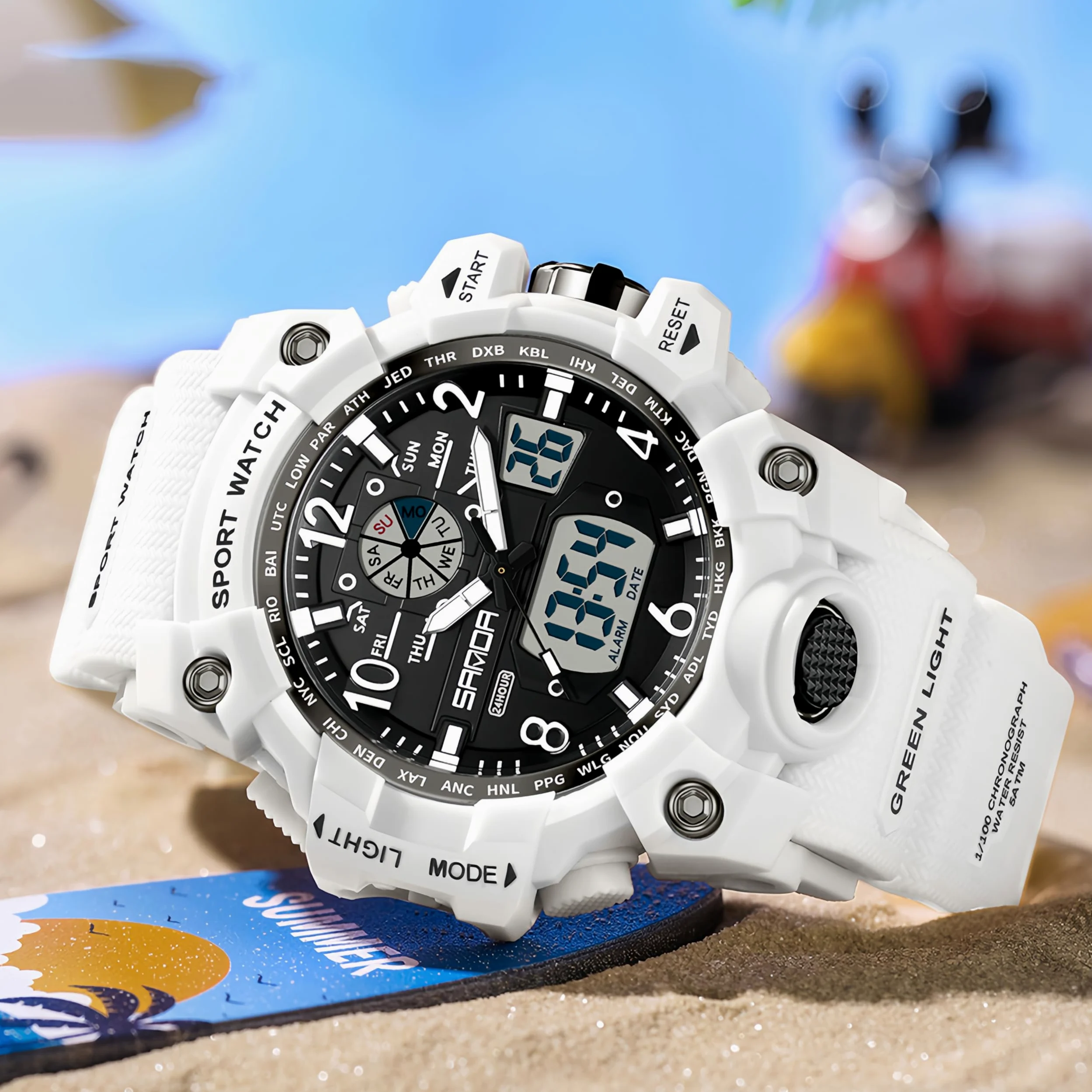 Gosasa Reloj deportivo digital para mujer, 5 ATM, resistente al agua, luz LED, esfera grande, analógico, multifuncional, reloj de pulsera con alarma, cronómetro, calendario, timbre por hora