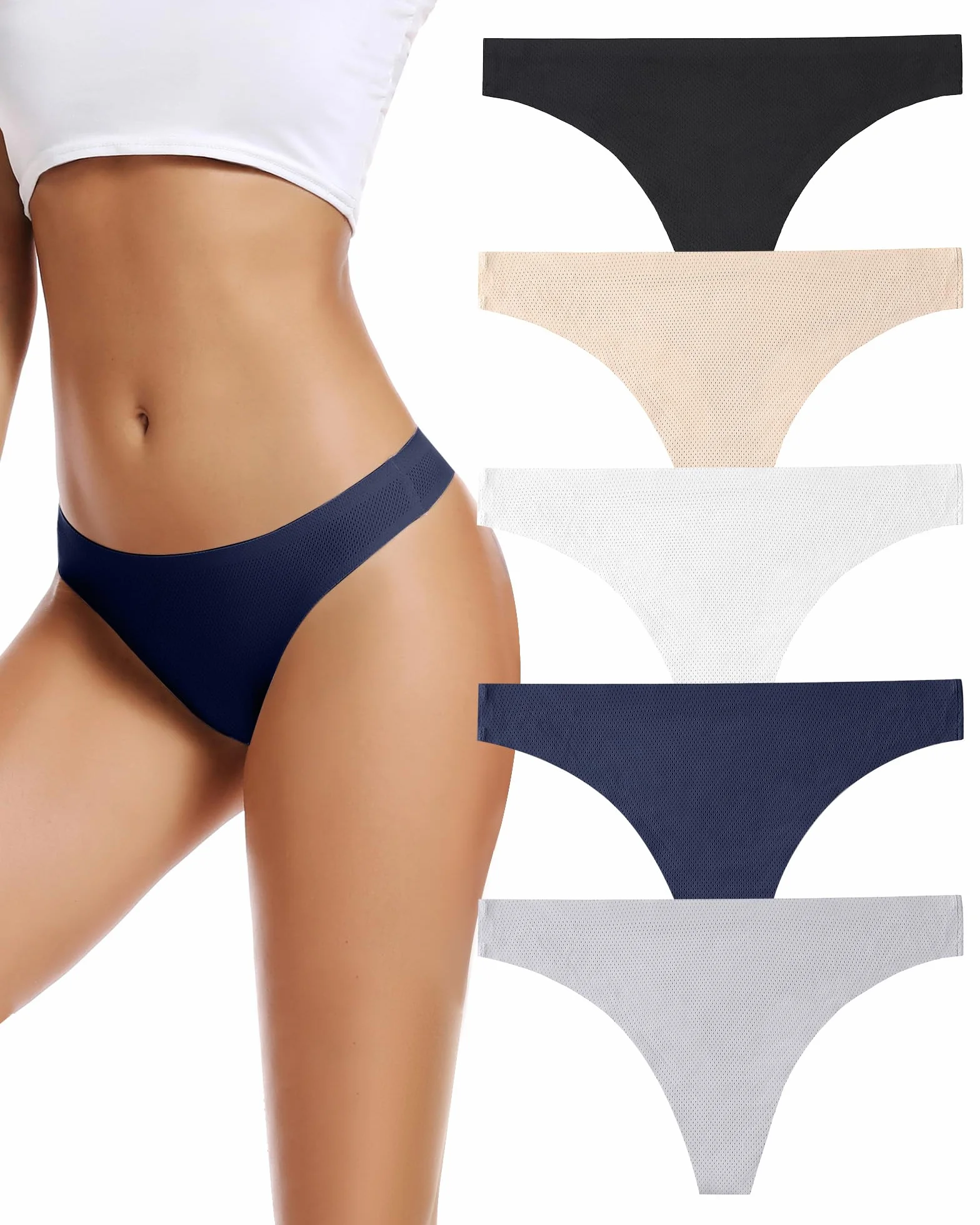 VOENXE Tangas Mujer Sin Costuras Invisibles Ropa Interior Braguitas Brasileñas Multicolor Cómodos Deporte Gym Tanga Suaves Elásticos Seamless Women Thong Underwear Panties Pack 5