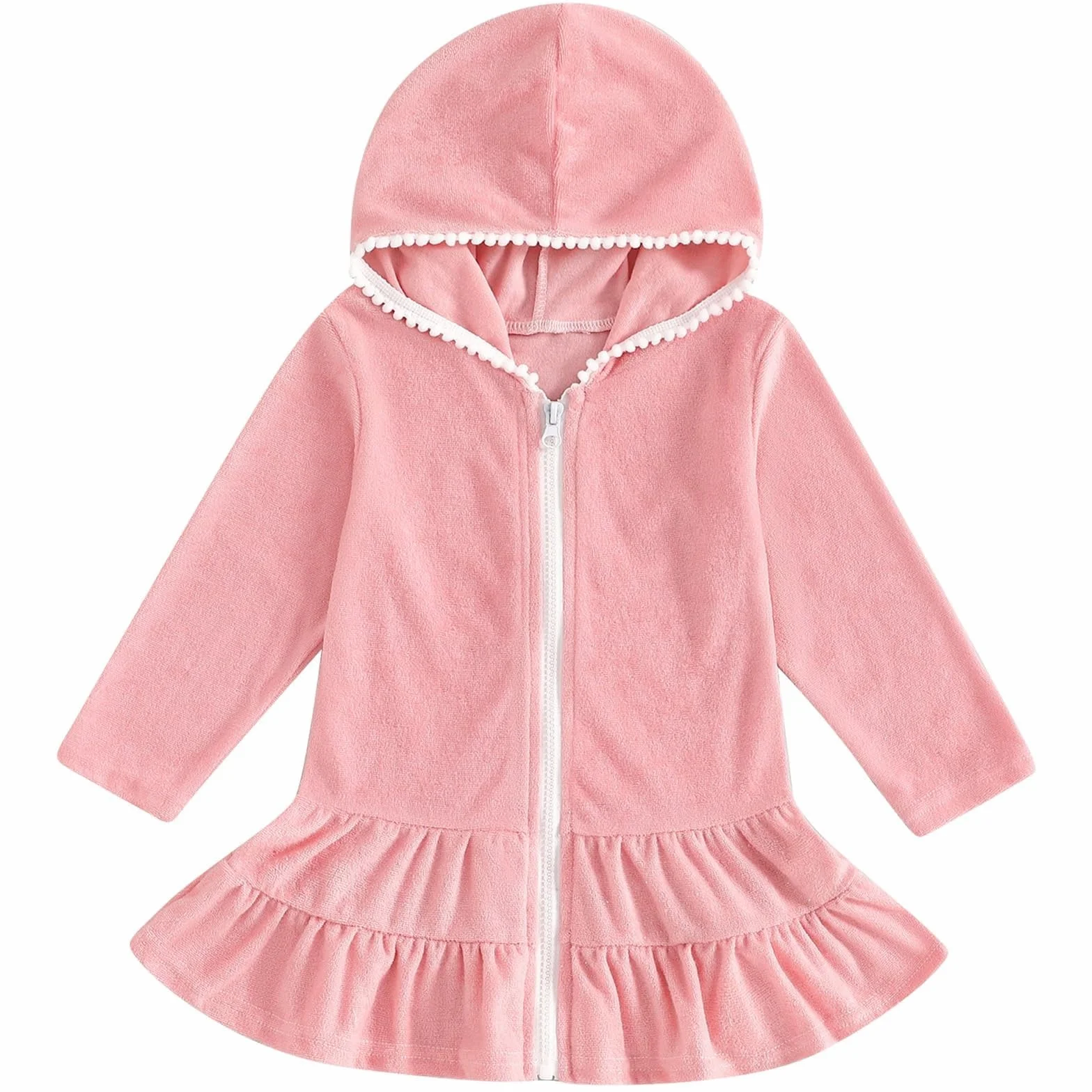 Vestido de baño de manga larga con cremallera y capucha para niñas, para cubrir el traje de baño con volantes, para piscina, playa, toalla de rizo