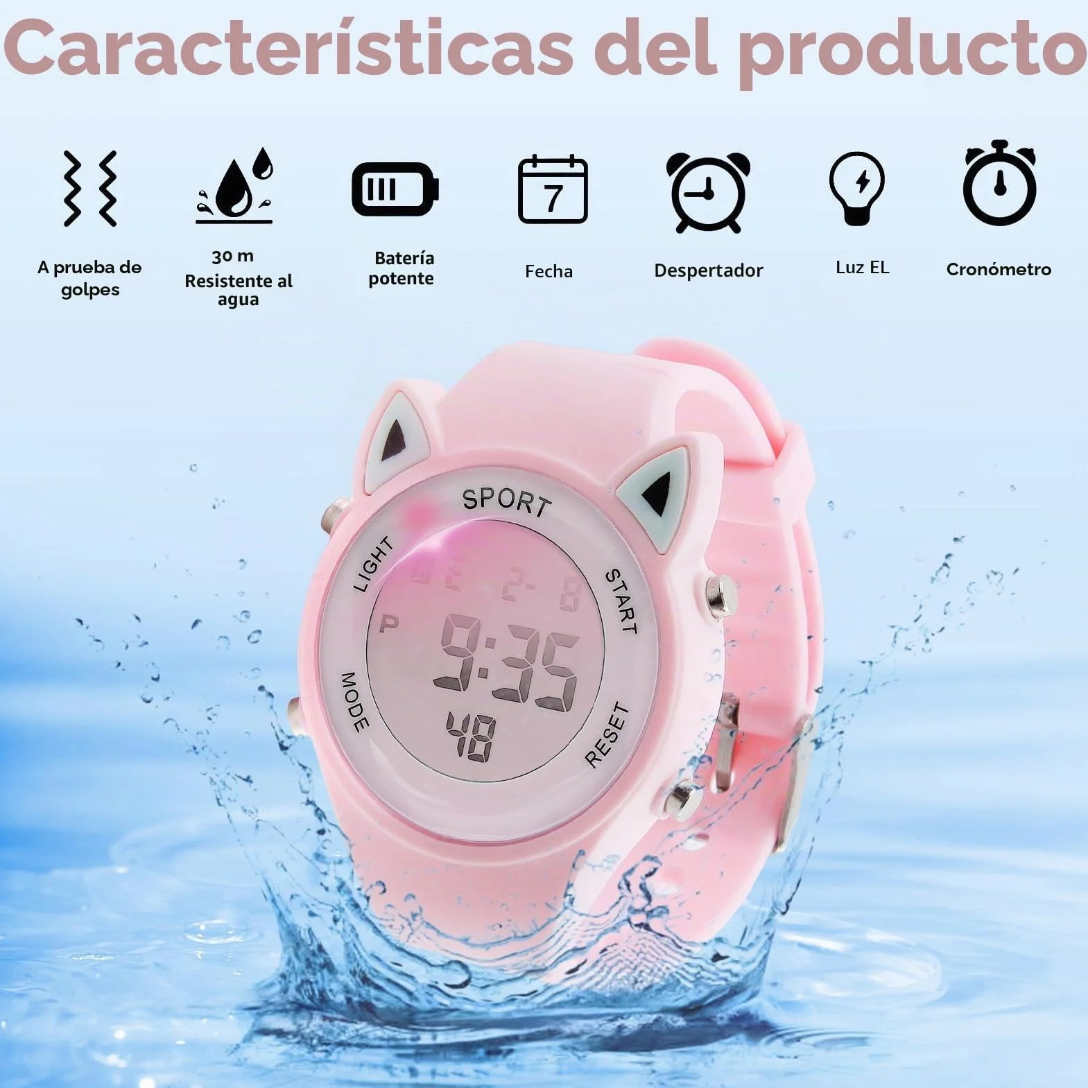Reloj Digital para Niña con Disegno 3D Orecchie di Gatto Impermeabile 30M Alarma Cronómetro Luz