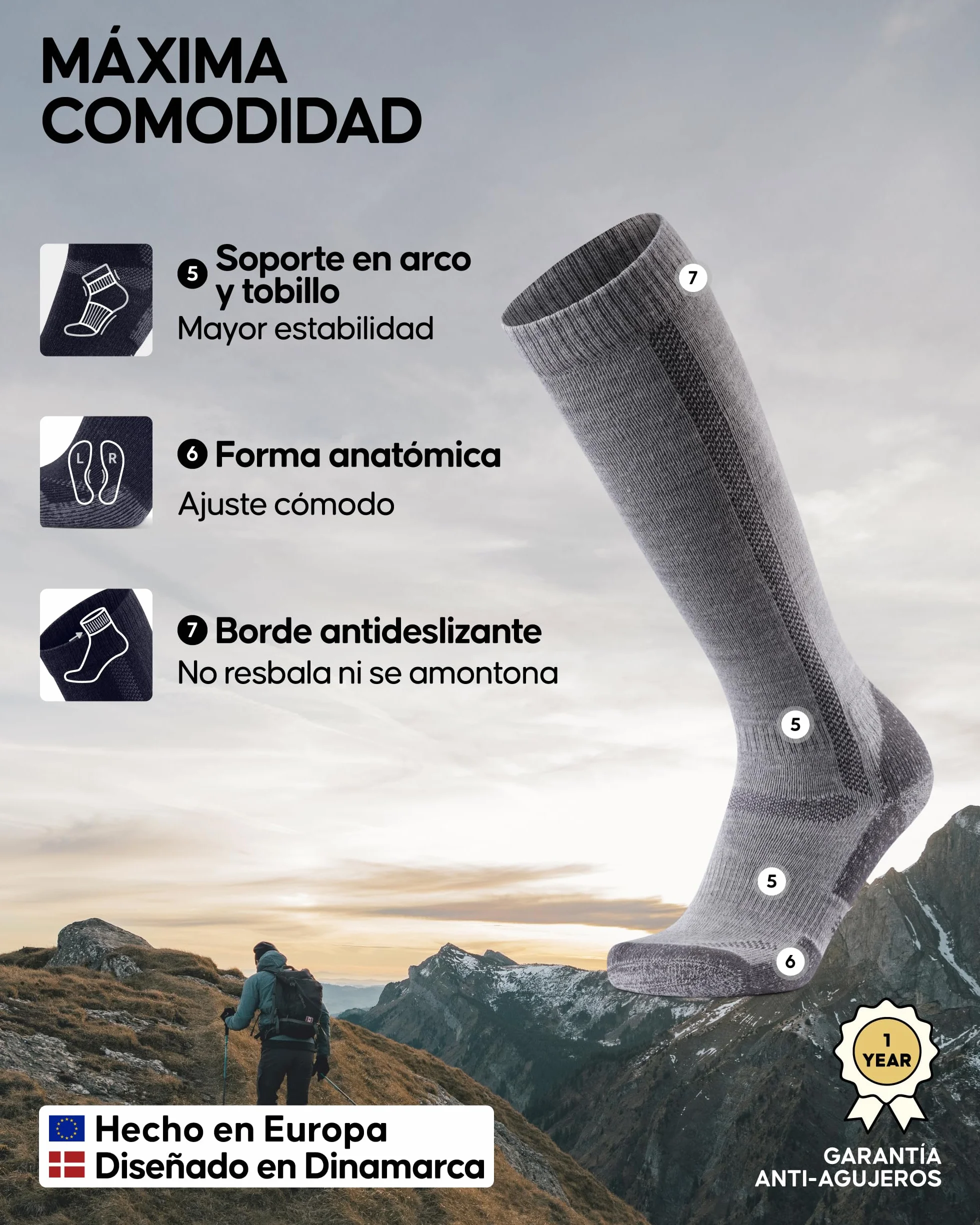 DANISH ENDURANCE Calcetines de Lana Merino Hasta la Rodilla Unisex Antiampollas Senderismo 1 Pack