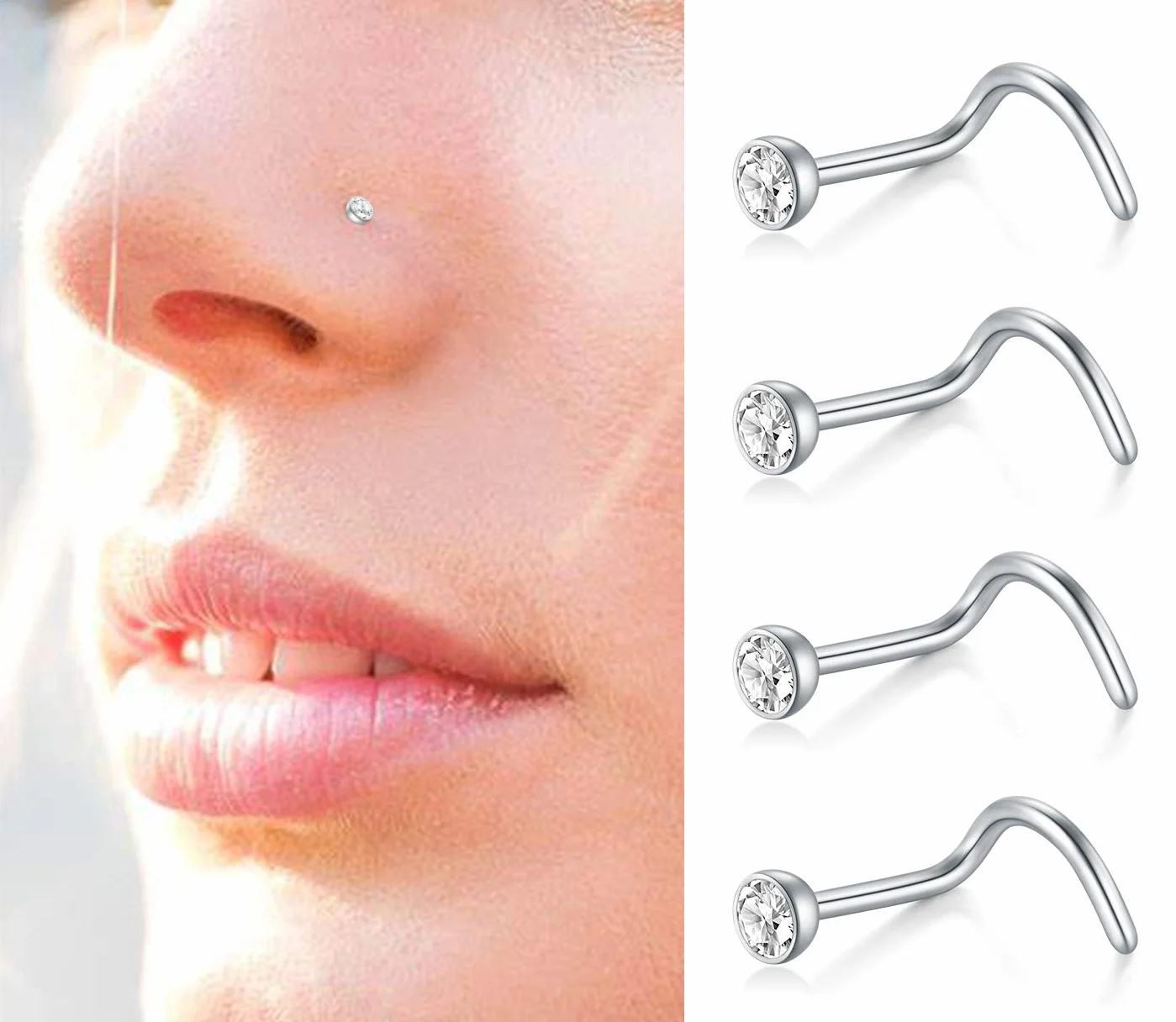 Briana Williams Acero quirúrgico 316L Nariz Stud Anillos Tornillo Piercing Jewelled Clear Diamond CZ 10-12PCS