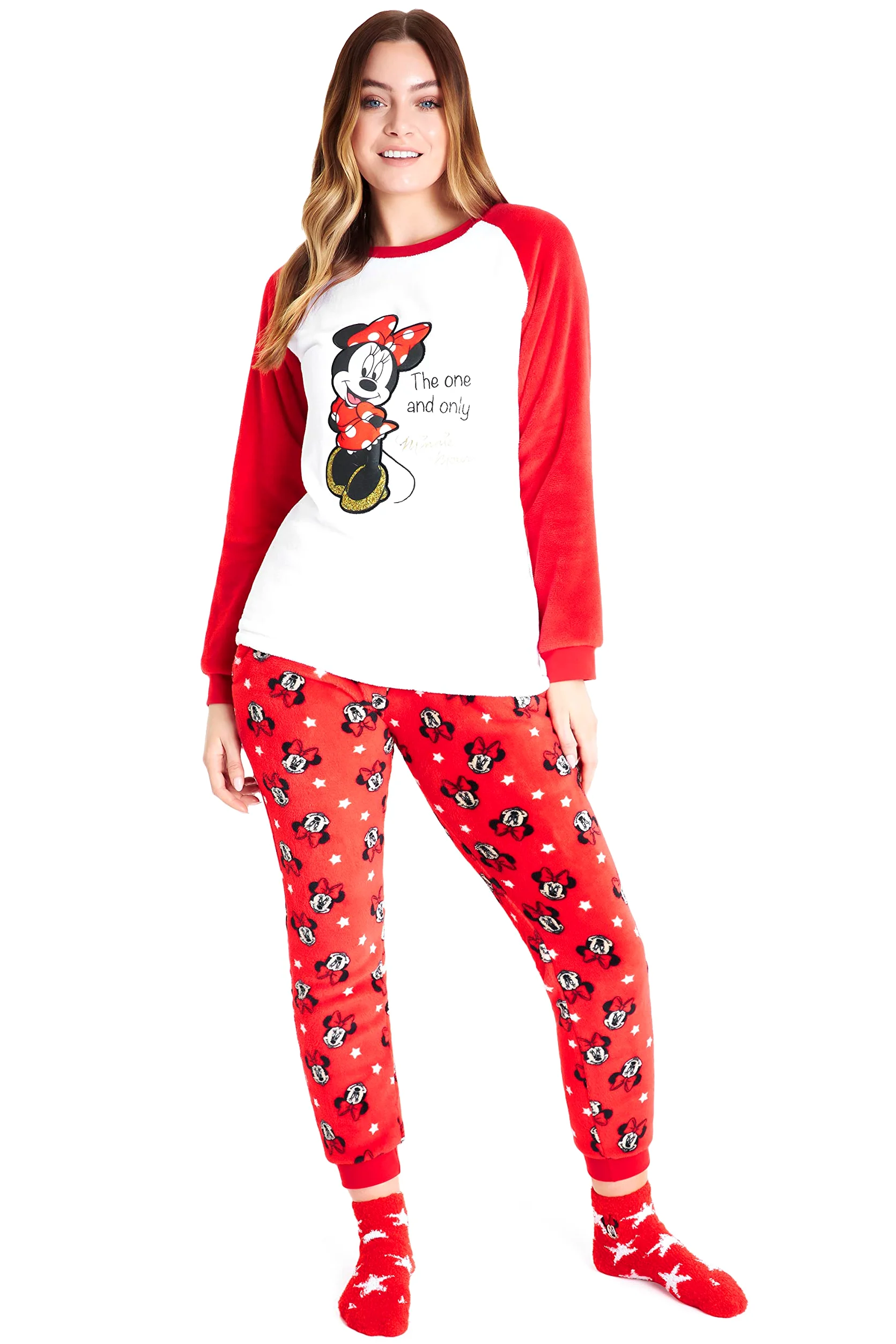 Disney Pijama Mujer Invierno de Polar con Calcetines Stitch Mickey Minnie Baby Yoda (Blanco/Rojo Minnie, L), 8691