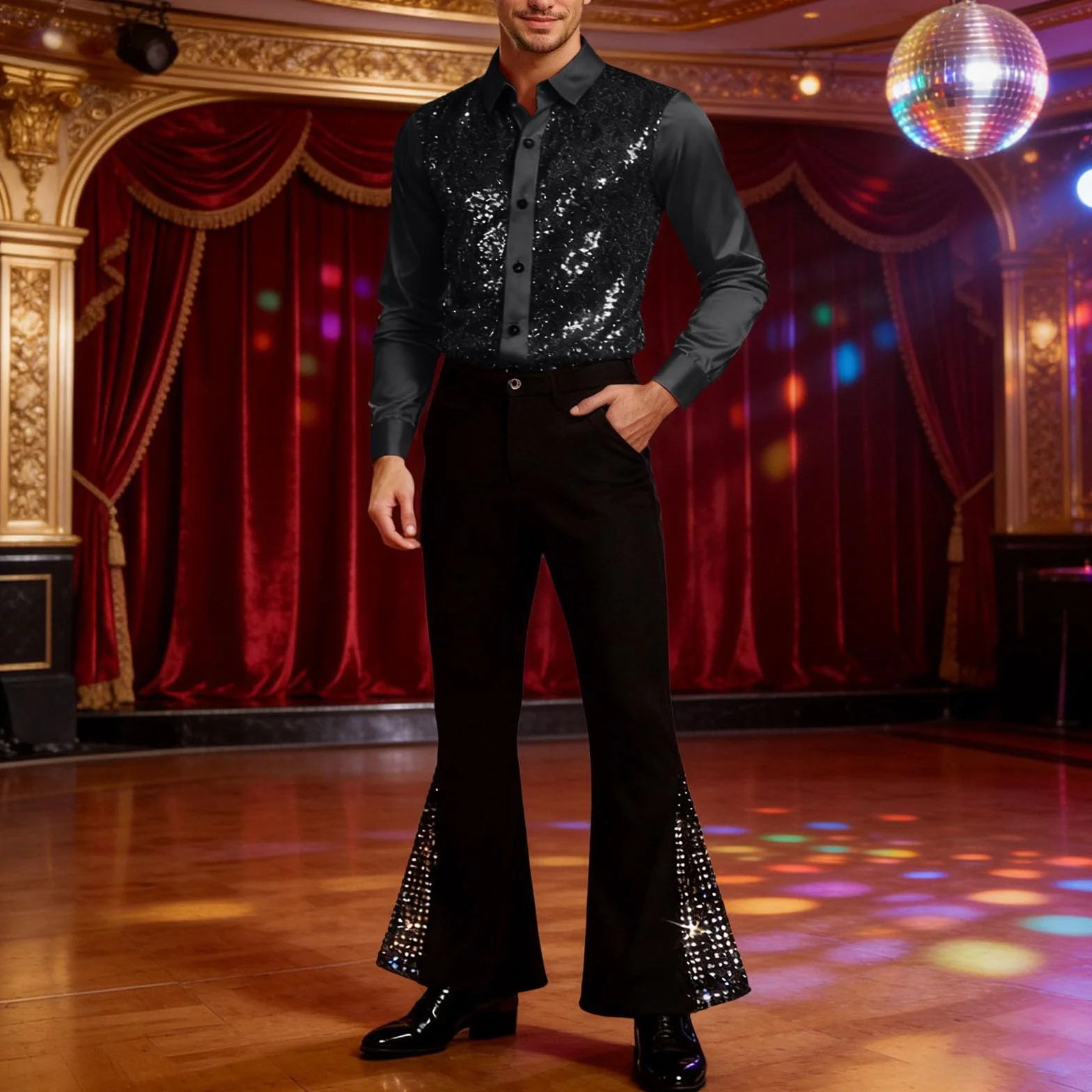 Traje de lentejuelas brillantes para hombre, camisa larga y pantalón elefante, chándal carnaval 60s Groovy baile latino