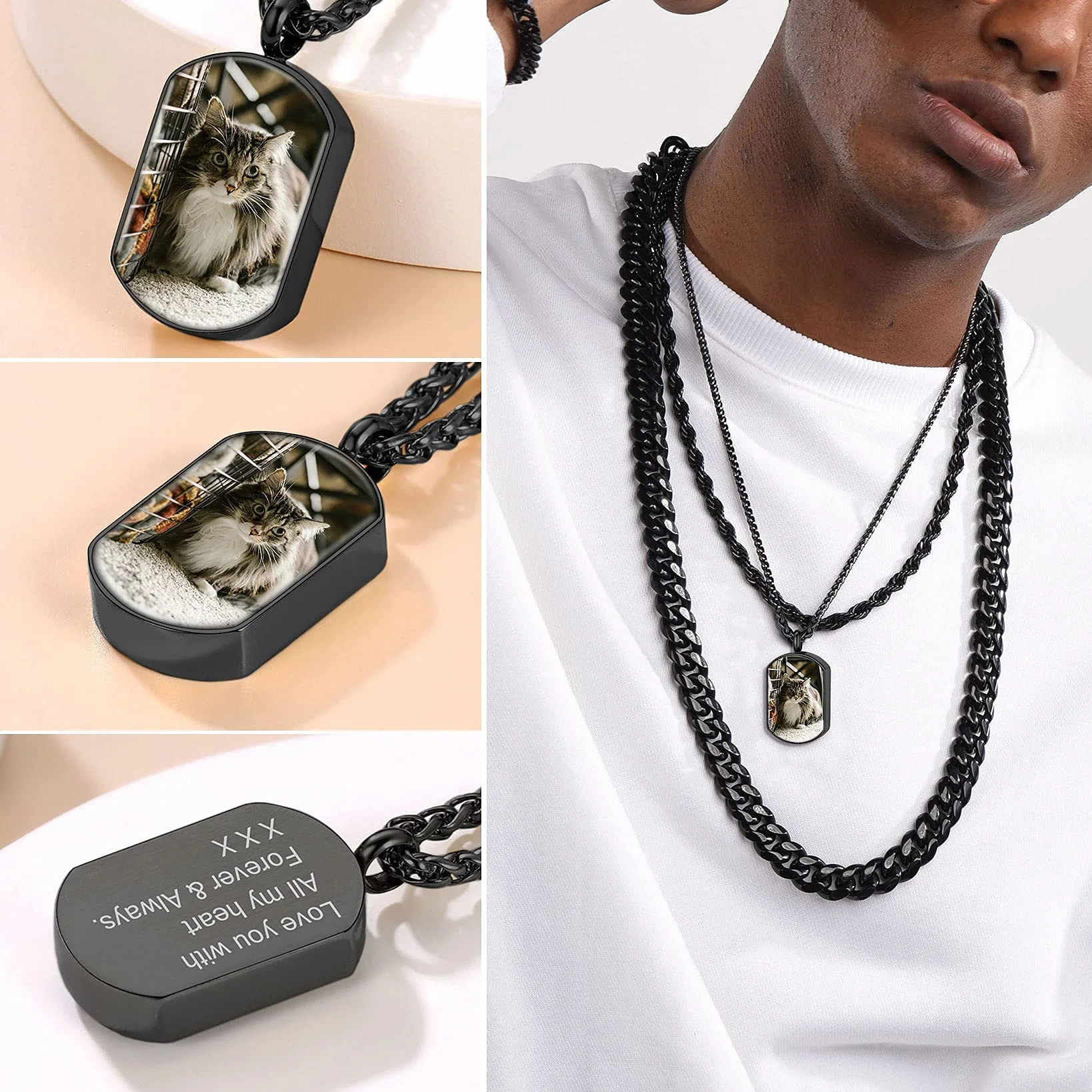 GoldChic JEWELRY Porta Cenizas Chapa Militar con Foto Nombre Colgante para Cenizas Resistente al Agua, Negro