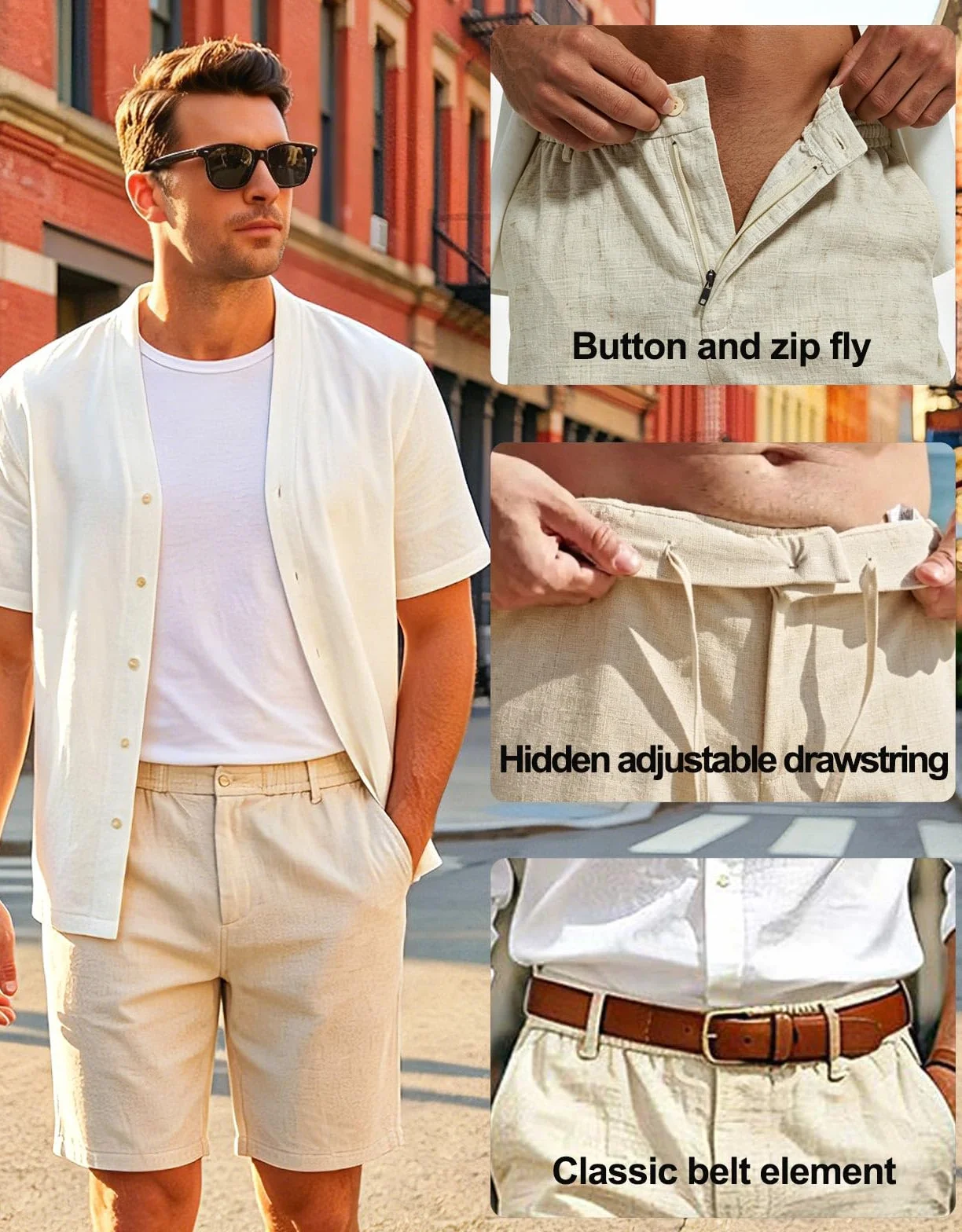 Halfword Lino Bermudas Cortos para Hombre Verano Casual Ligeros Elásticos