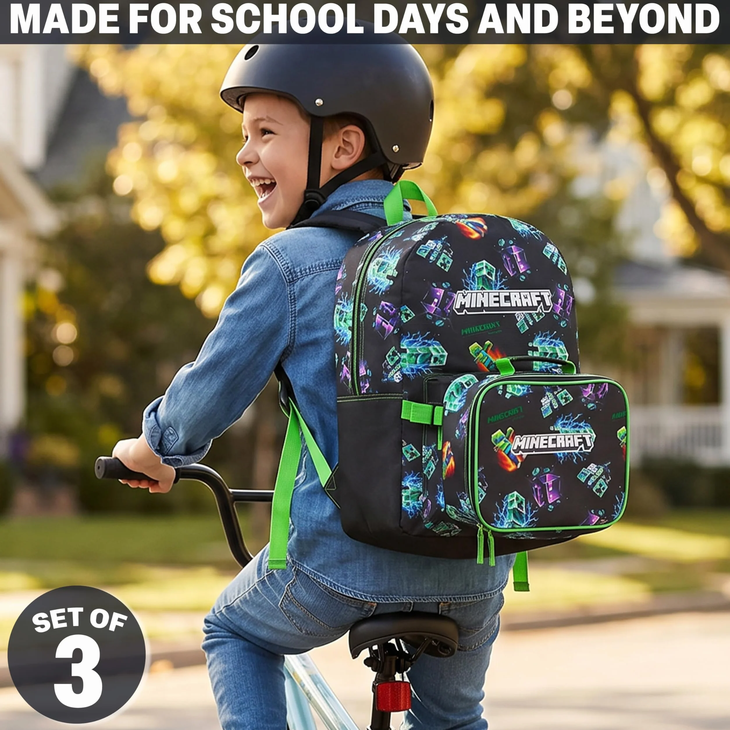 Minecraft Mochila Niños Set 3 Piezas Estuche Escolar Bolsa Almuerzo Mochila Completa Colegio Ocio Regalo Niños Multi Creeper