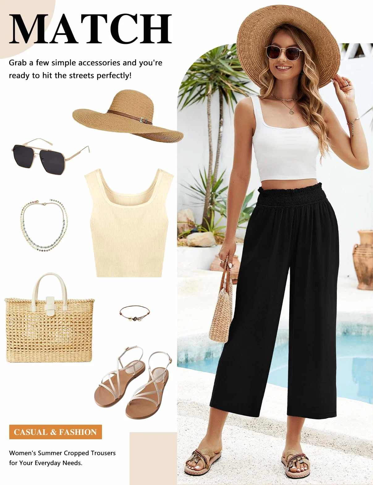 Pantalones Lino Mujer 3/4 Verano Anchos Algodón Alta Cintura Elásticos con Bolsillos