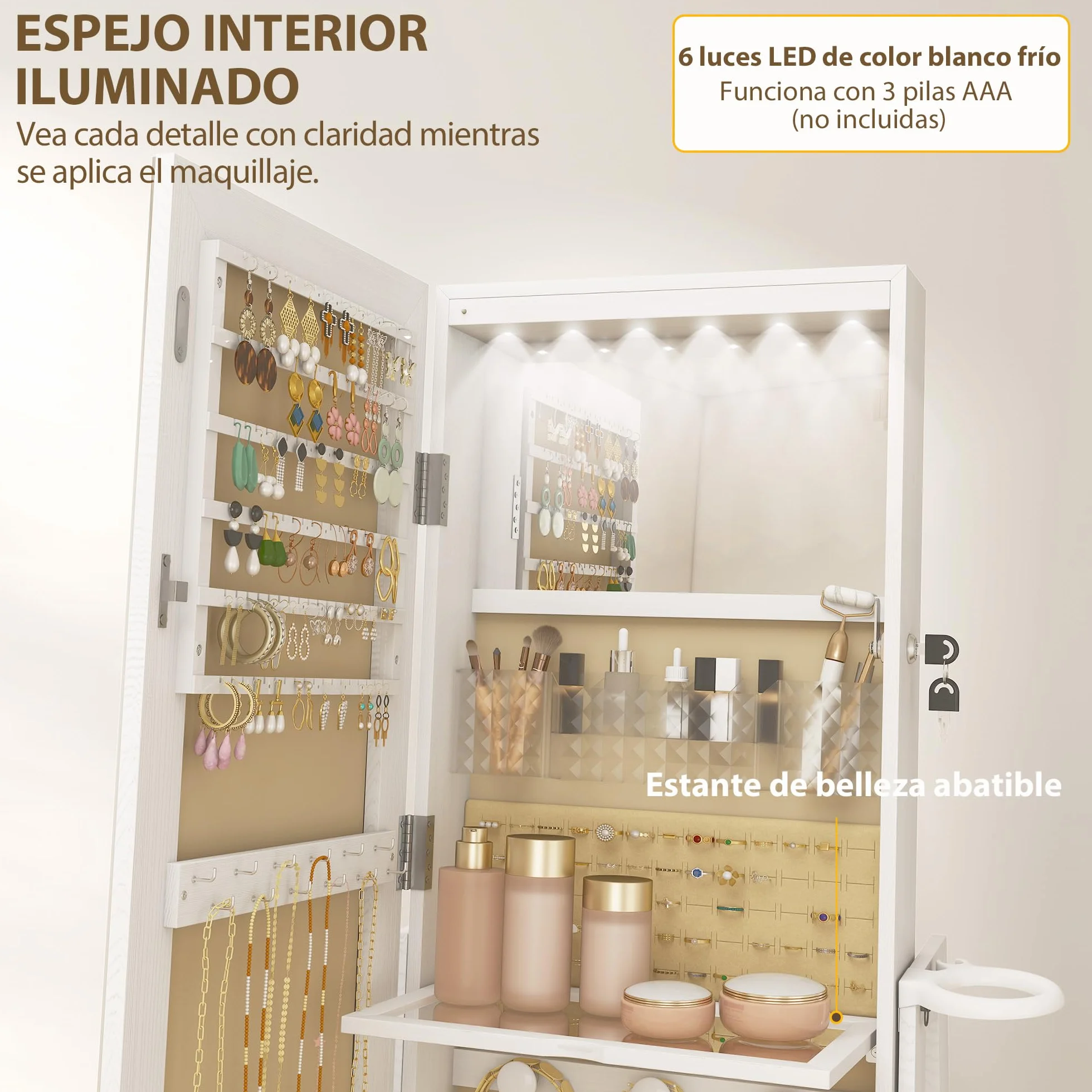 HOMCOM Armario Joyero de Pie con Luces LED, Espejo Cuero Entero, Soporte para Secador, Giratorio 360°, Cajón, Cerradura, Blanco y Beige