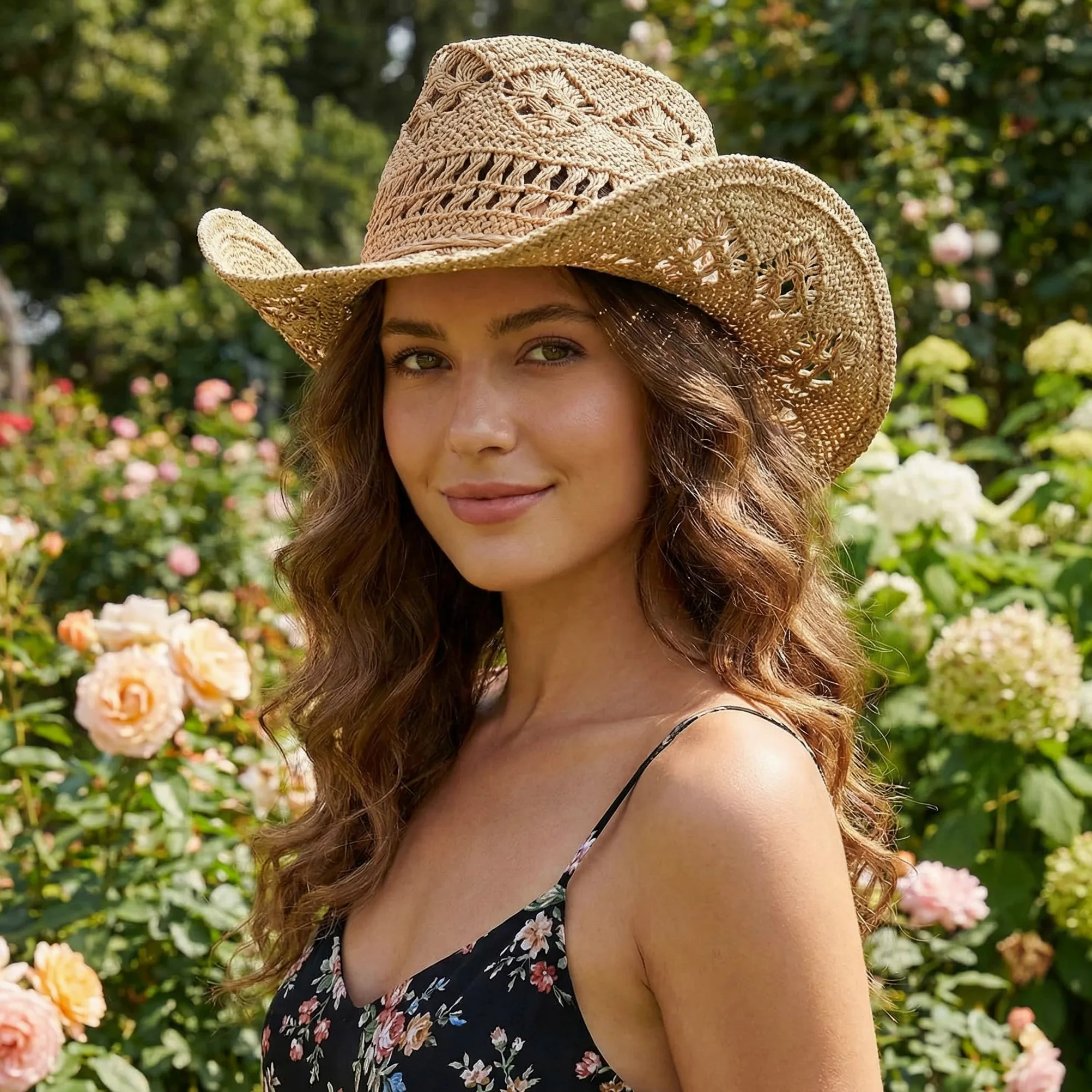 EOZY Sombrero de paja para hombre y mujer, diseño de vaquera, tejido ahuecado, enrollable, de ala ancha