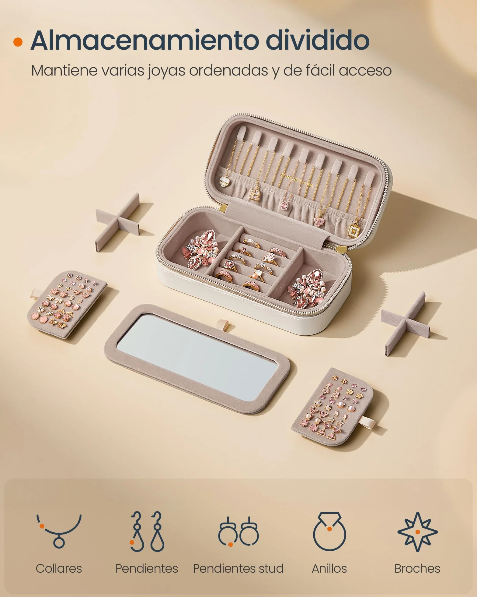 SONGMICS HOME Joyero de Viaje Pequeño con Espejo 10,5 x 20,5 x 6 cm PU Blanco Nube JBC180W01